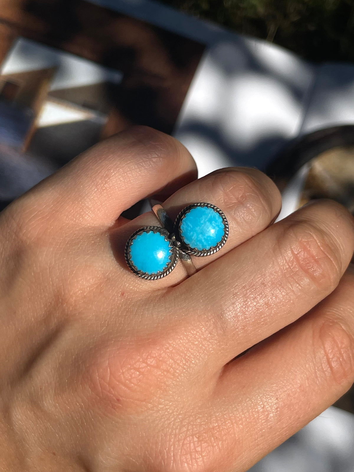 Turquoise Double Stone Ring | 925 Sterling Silver | Size 6.5 D364