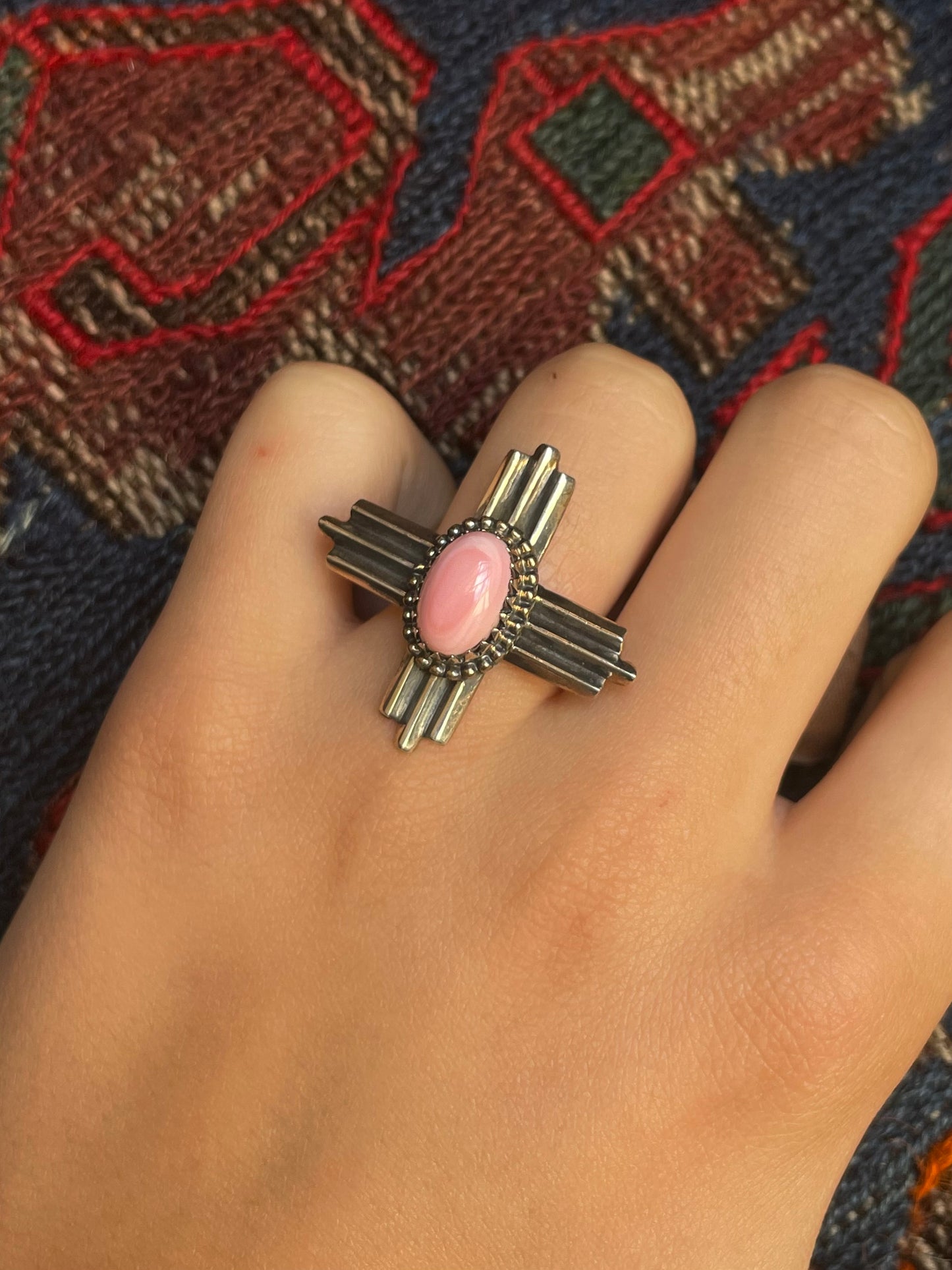 Pink Conch Zia Cross Ring Size 8 | 925 Sterling Silver E995