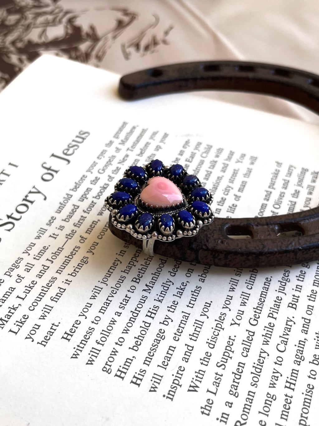 Lapis & Pink Conch Heart Ring | 925 Sterling Silver | Size 7.25 G830