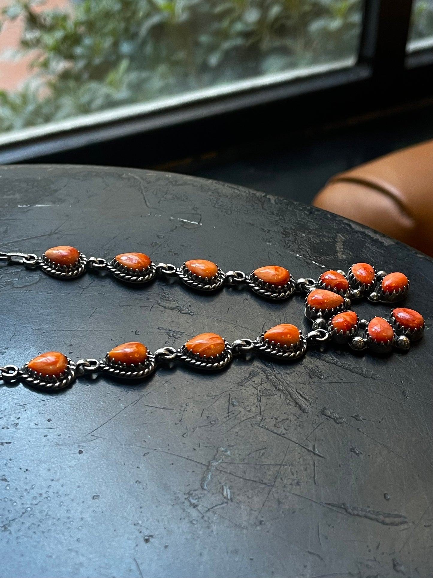 Spiny Oyster Naja Necklace | Orange Cluster Drop | 925 Silver E593