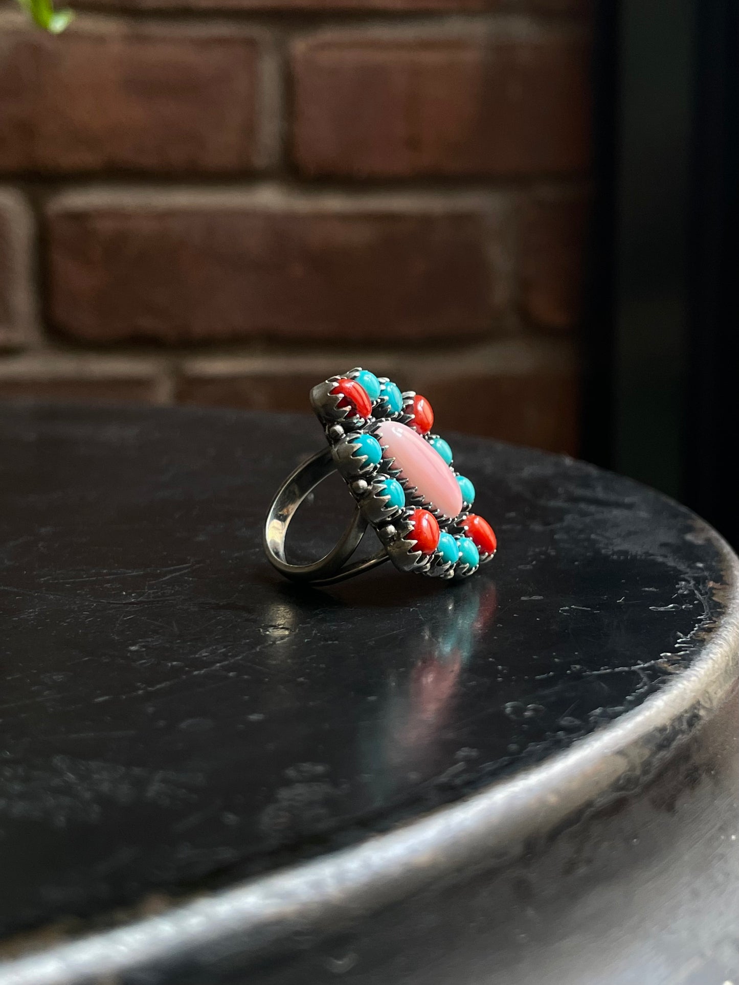 Pink Conch Turquoise & Coral Cluster Ring | 925 Sterling Silver | Size 6.75 E301