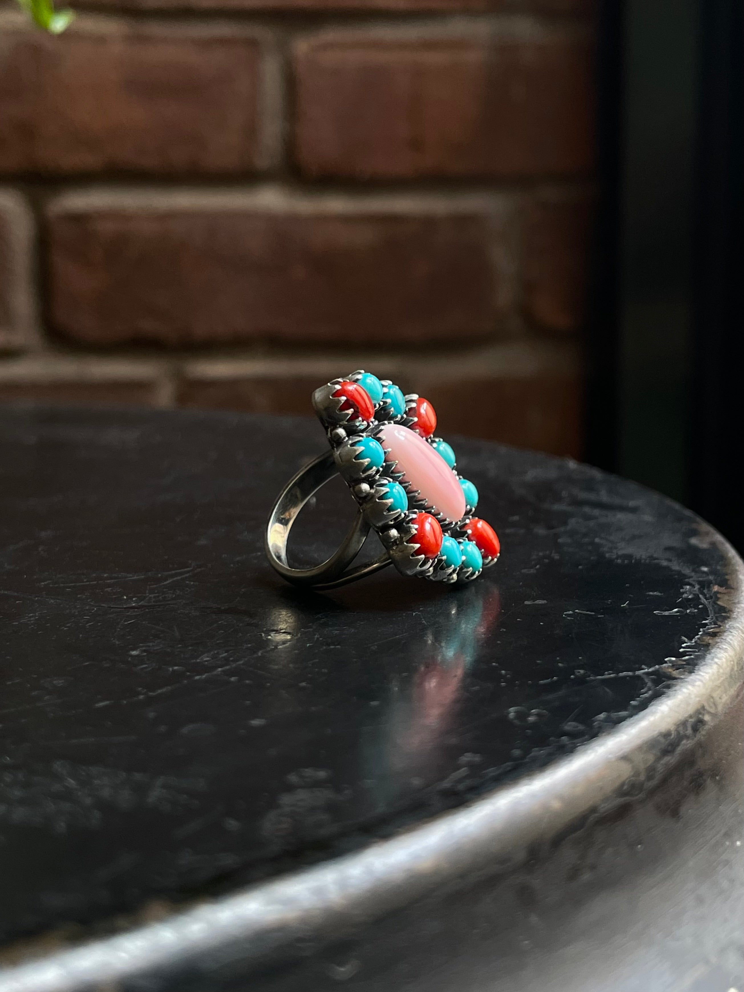 Pink Conch Turquoise & Coral Cluster Ring | 925 Sterling Silver | Size 6.75 E301