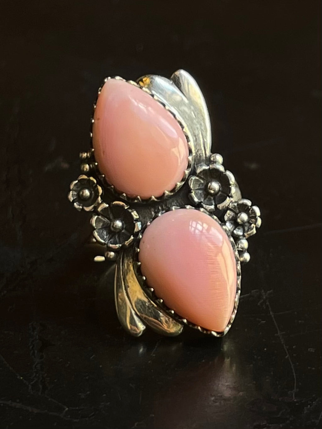 Pink Conch Double Tear Drop Floral Ring Size 7 | 925 Sterling Silver G532