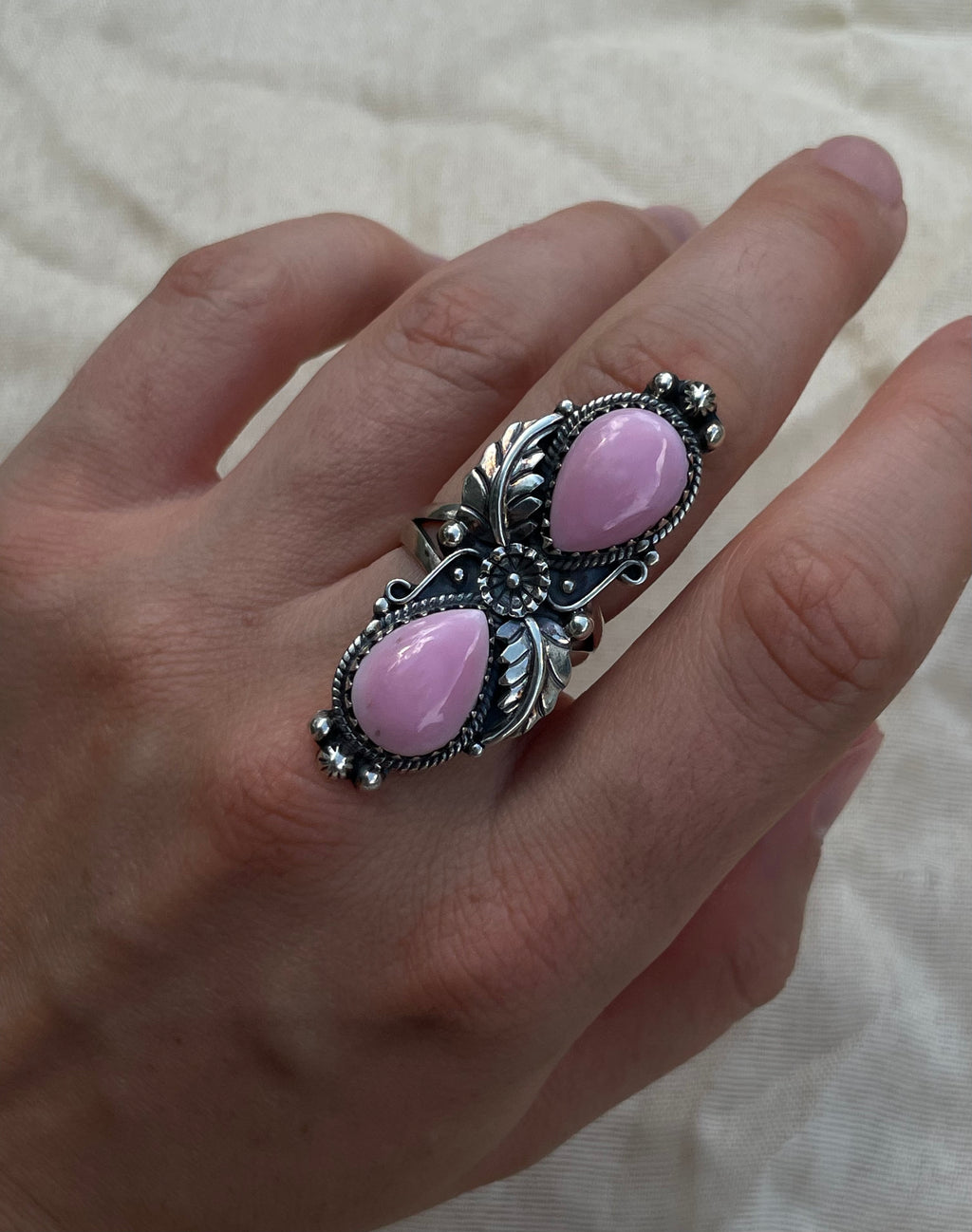 Pink Conch Floral Double Teardrop Ring | 925 Sterling Silver Size 8 C585