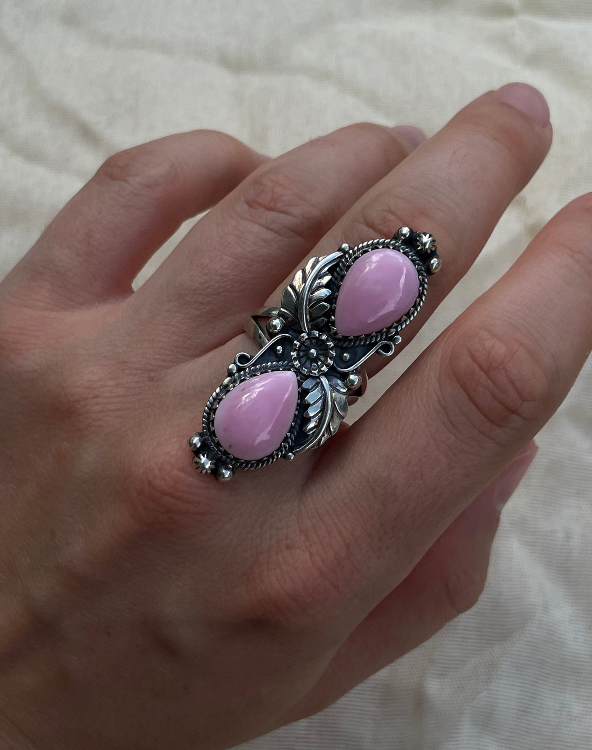 Pink Conch Floral Double Teardrop Ring | 925 Sterling Silver Size 8 C585