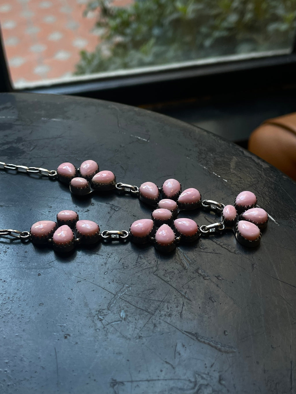 Pink Conch Necklace | Floral Cluster Link | 925 Silver E564