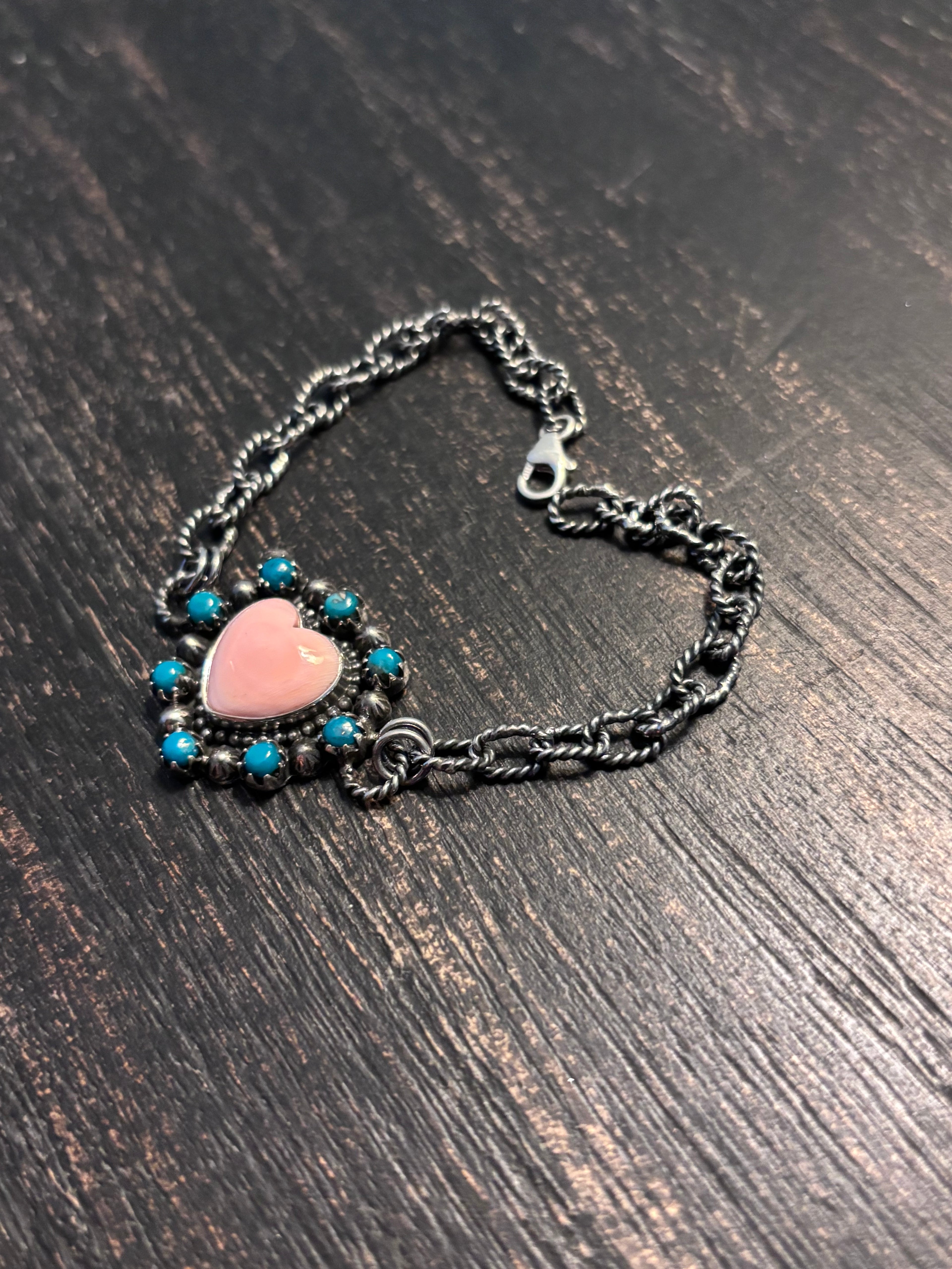 Pink Conch Heart Link Bracelet | 925 Sterling Silver Southwestern Style A001