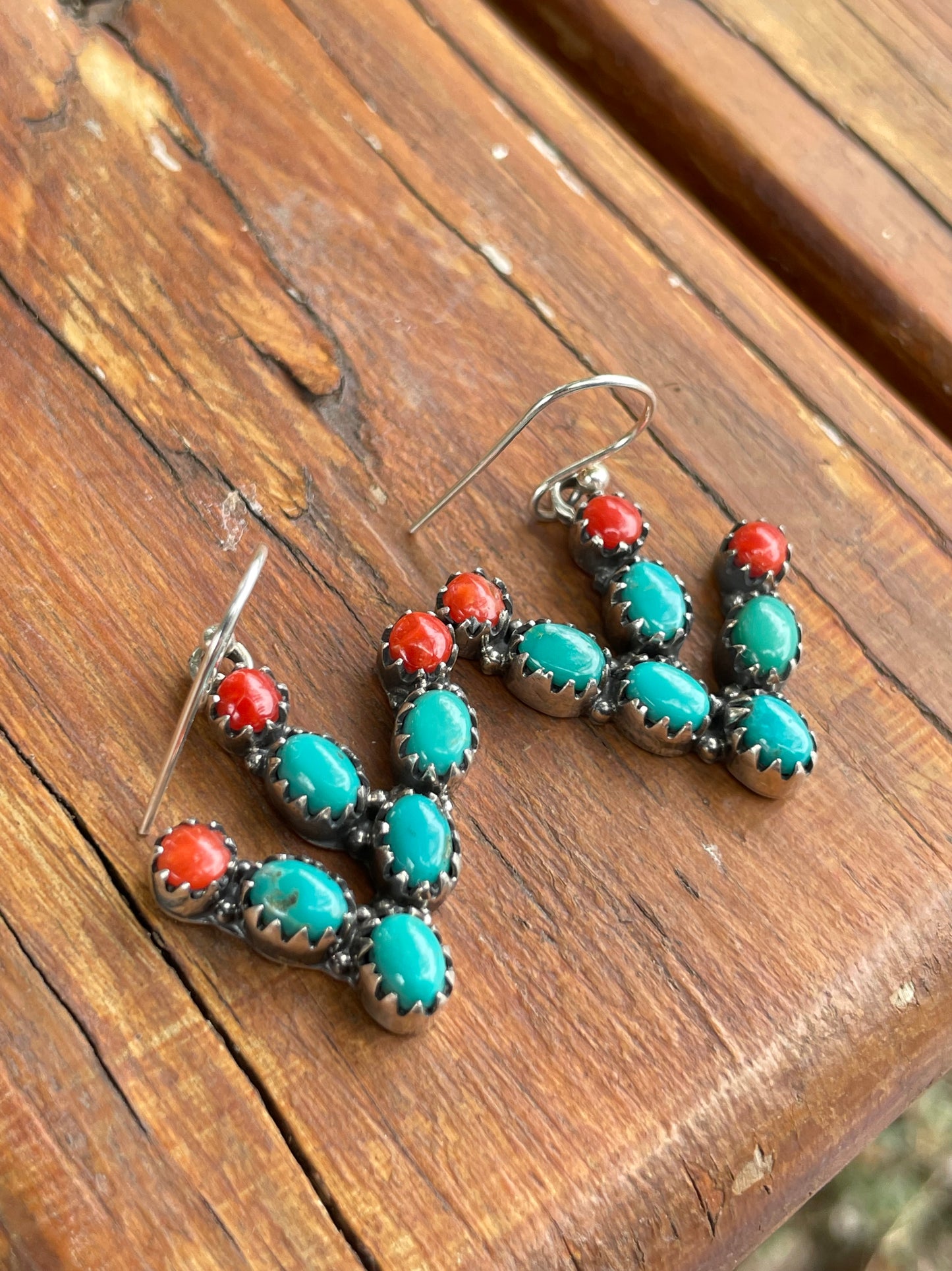 Turquoise and Coral Cactus Earrings | Sterling Silver B951