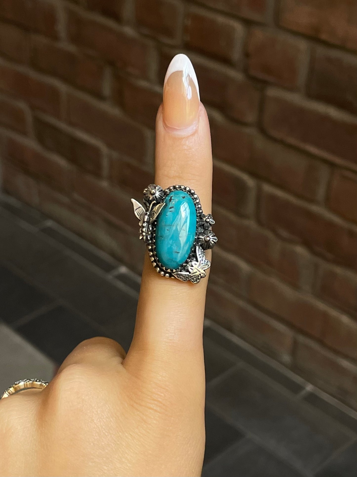 Turquoise Butterfly Floral Ring Size 8 | Sterling Silver E882