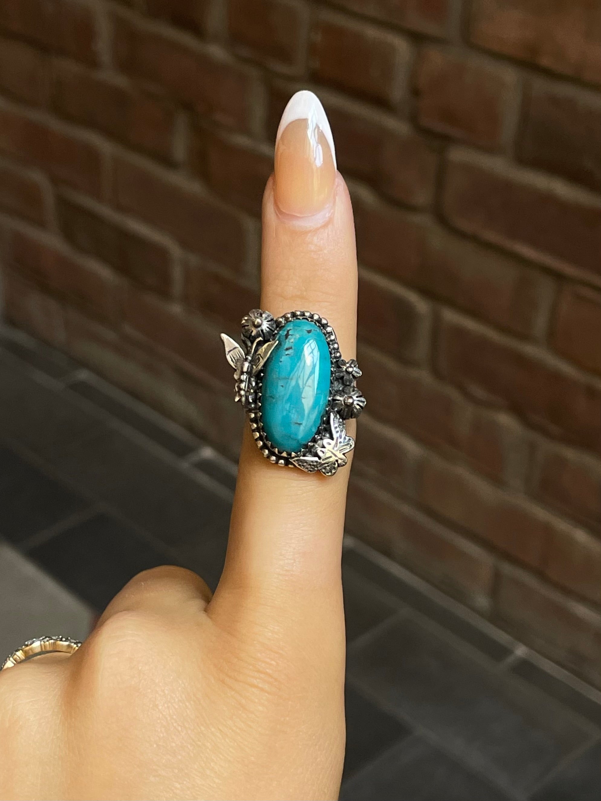 Turquoise Butterfly Floral Ring Size 8 | Sterling Silver E882