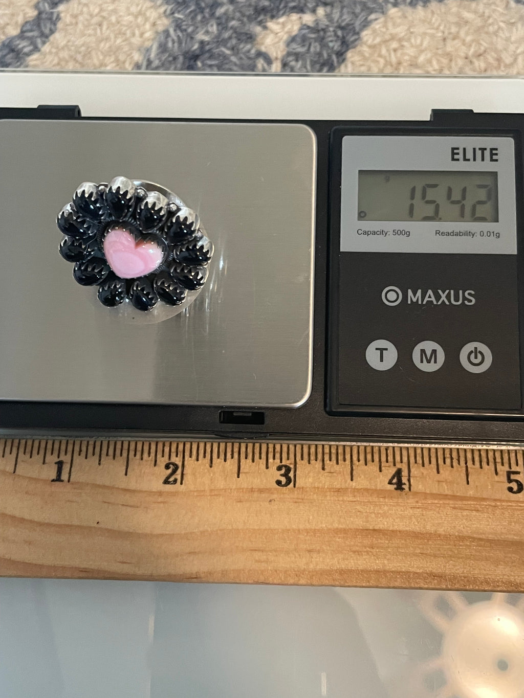 Black Onyx & Pink Conch Flower Ring | 925 Sterling Silver Size 7 G567