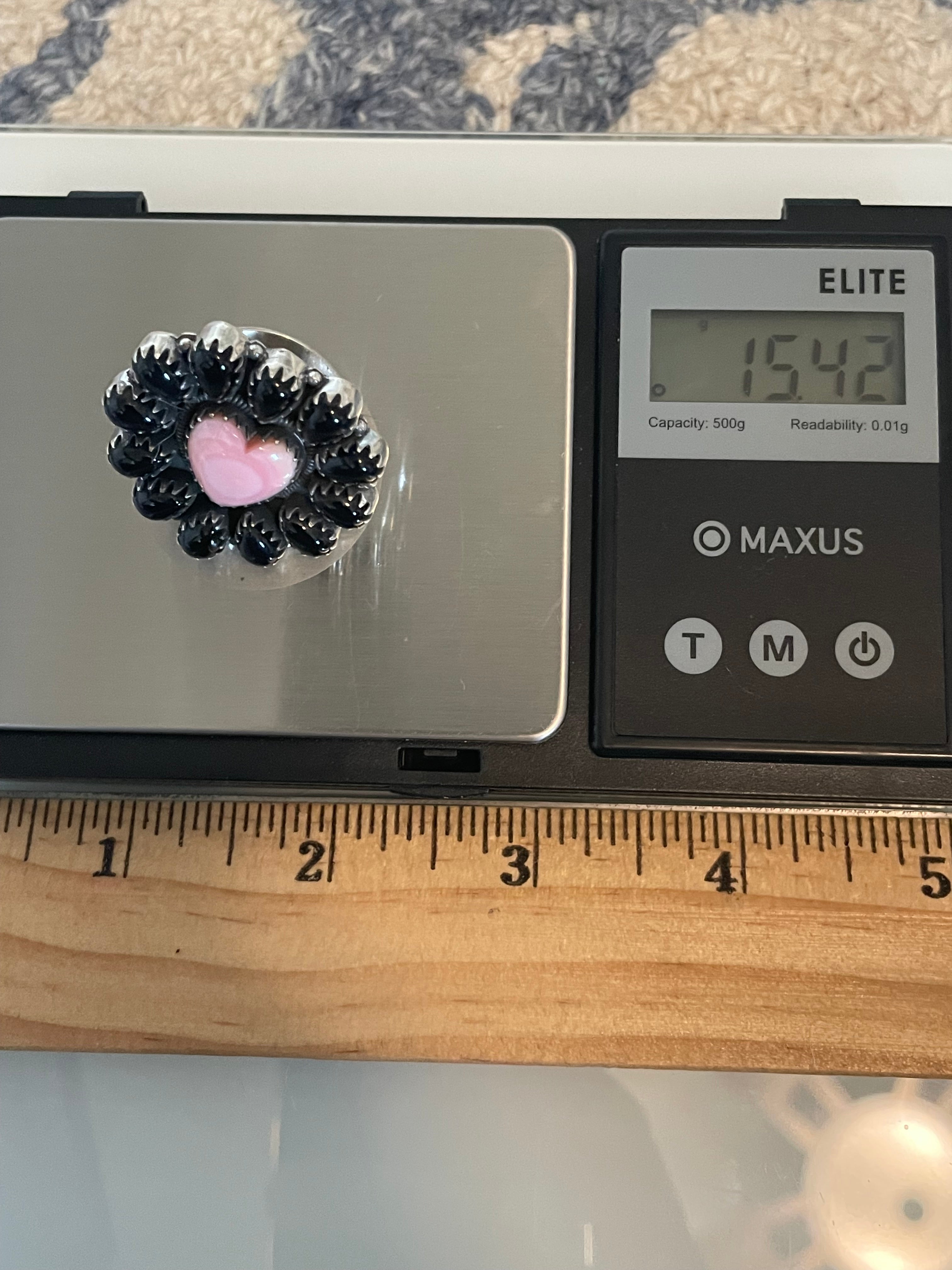 Black Onyx & Pink Conch Flower Ring | 925 Sterling Silver Size 7 G567