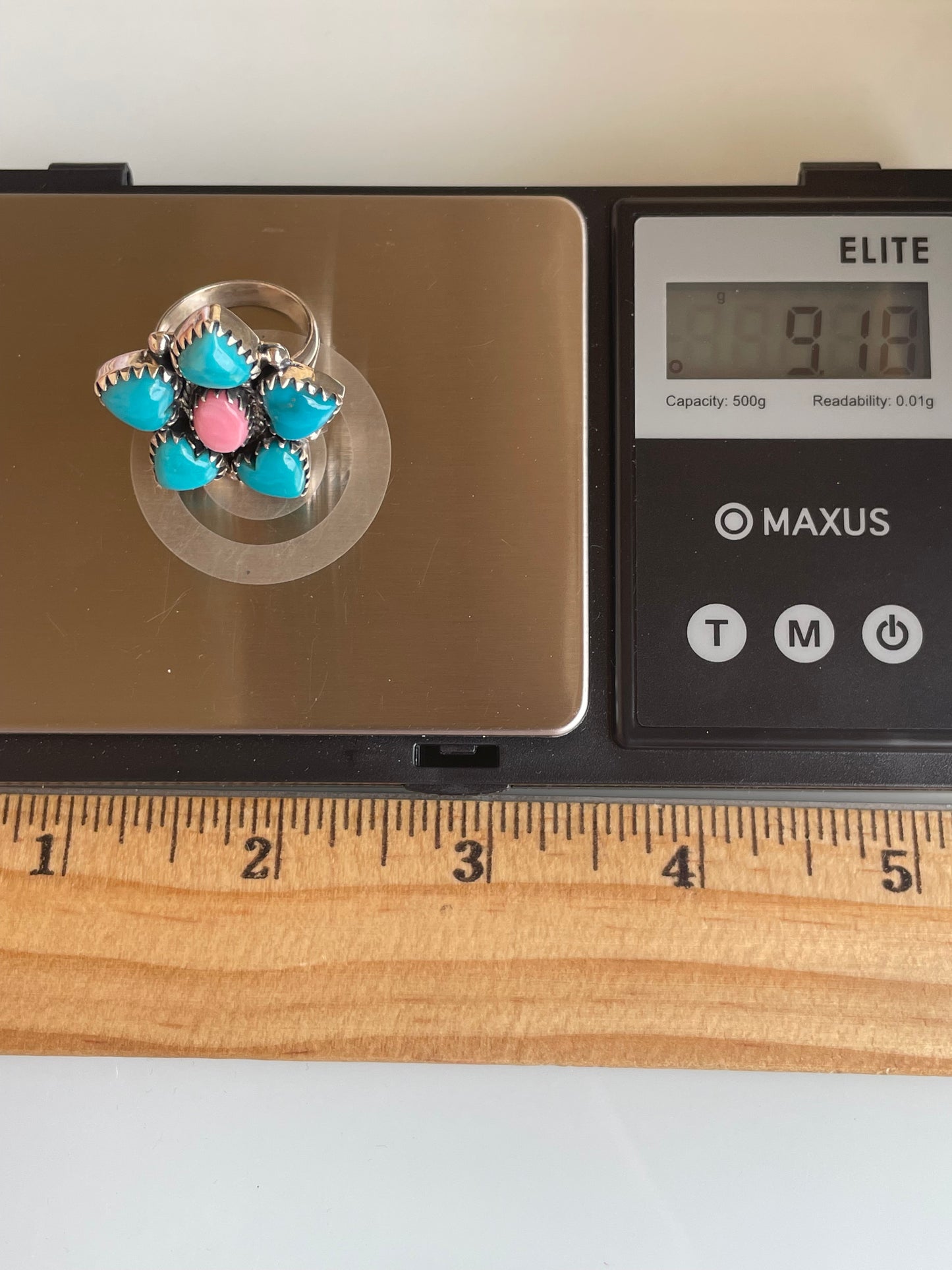 Pink Conch & Kingman Turquoise Flower Ring Size 6 | Sterling Silver G484