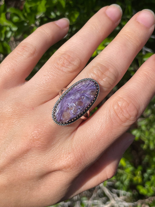 Charoite Oval Ring Size 9 | 925 Sterling Silver | Southwestern B592