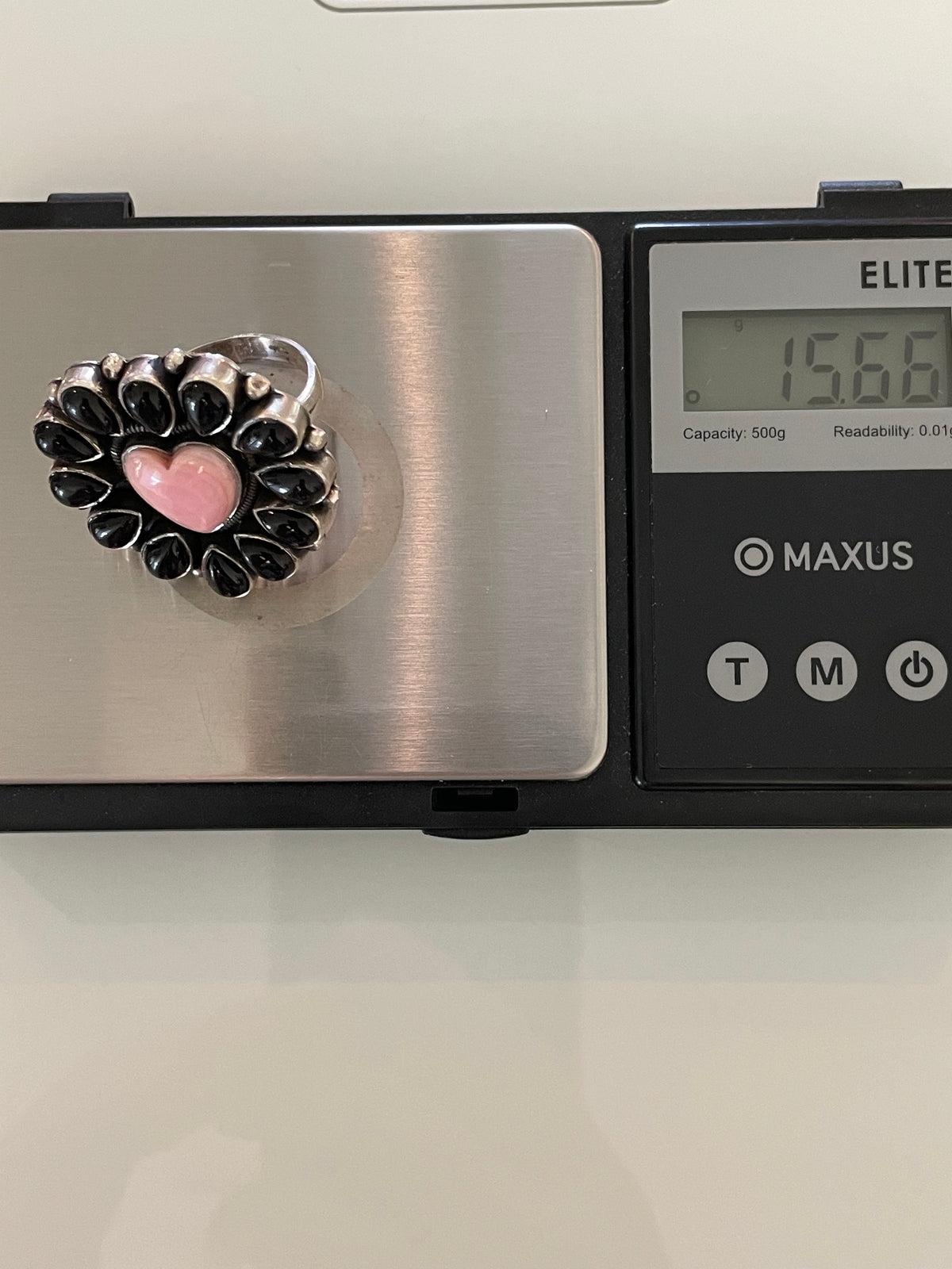 Pink Conch & Black Onyx Heart Ring Size 9 | 925 Sterling Silver G757