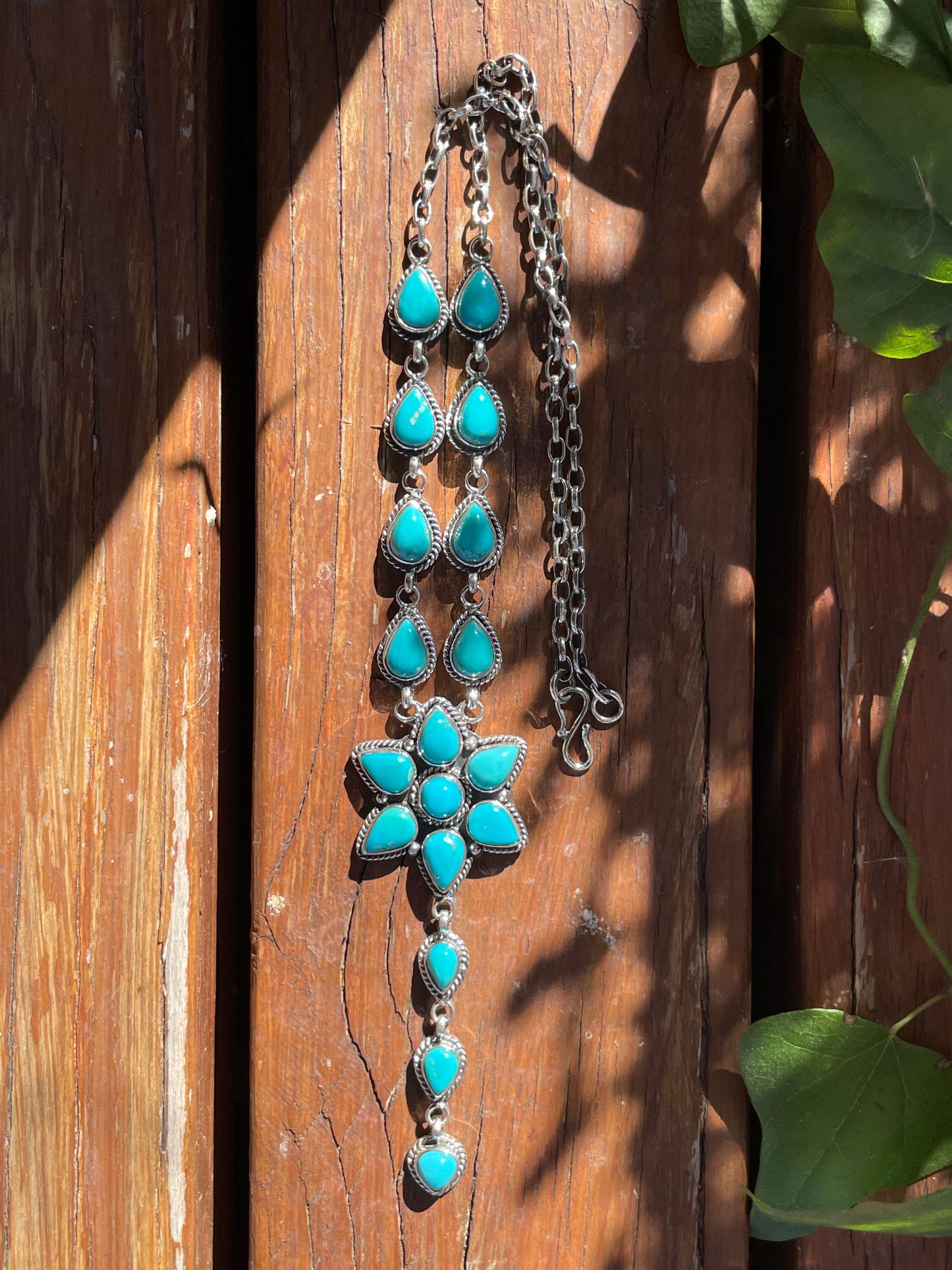 Kingman Turquoise Blossom Necklace | Cascading Starburst Drop | Sterling Silver B877