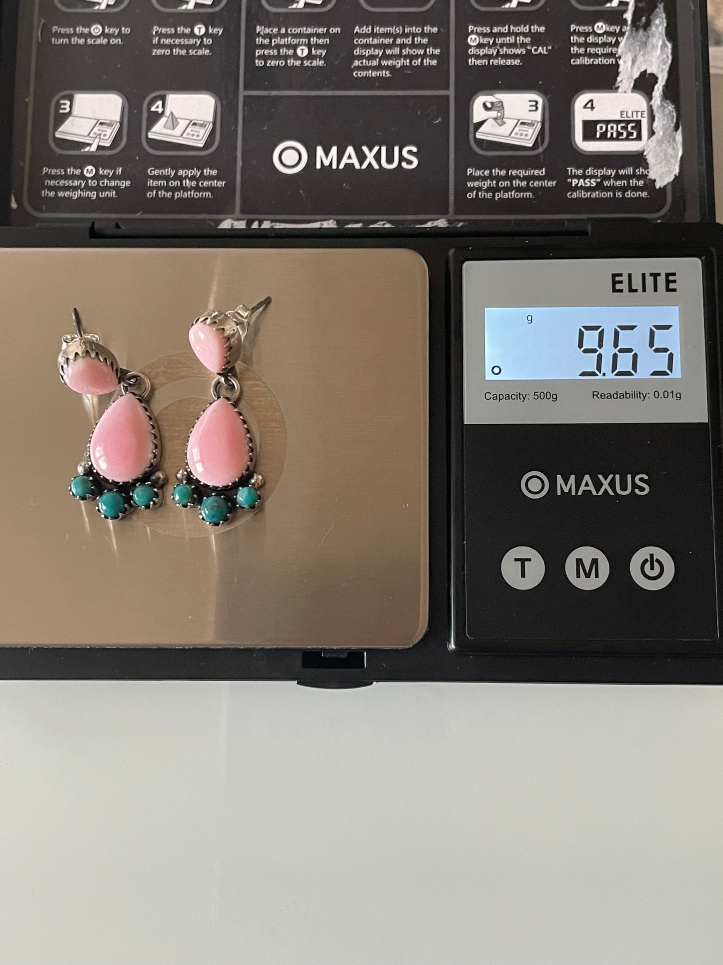 Pink Conch Kingman Turquoise Earrings | Teardrop Cluster Stud E670