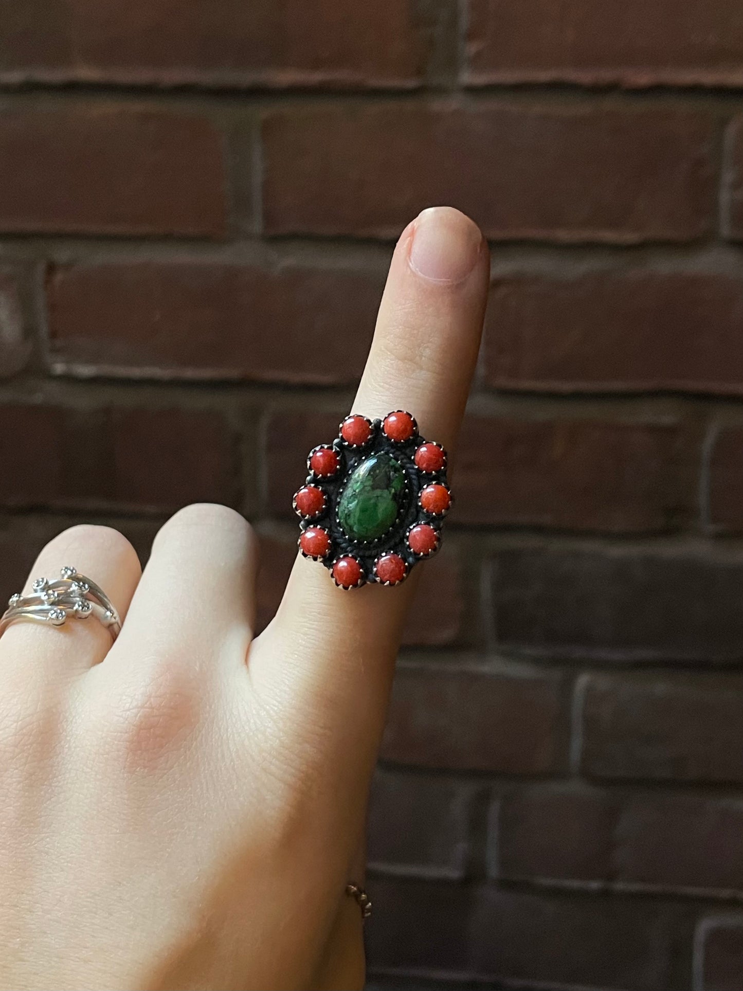 Kingman Turquoise Coral Cluster Ring | Sterling Silver | Size 9 | A183
