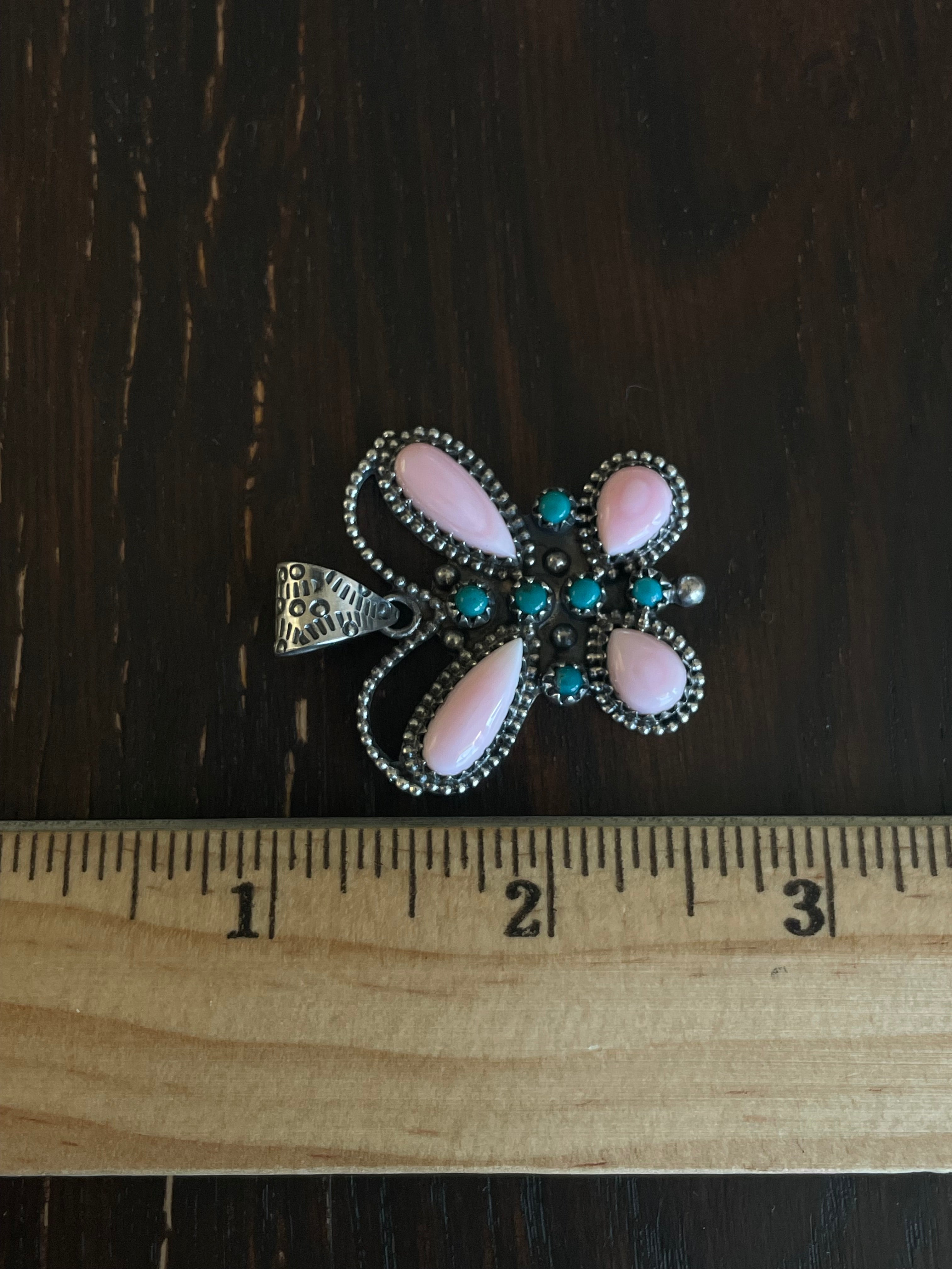 Pink Conch Turquoise Butterfly Pendant | Sterling Silver E723