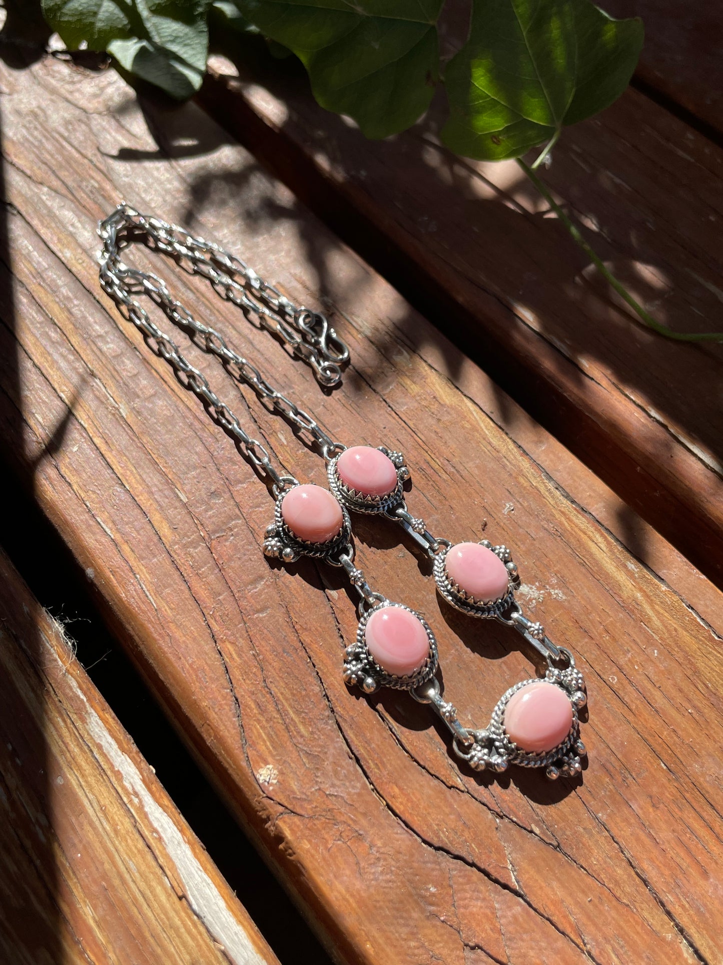 Pink Conch Drop Necklace | Sterling Silver 925 | Long Oval Statement | B867