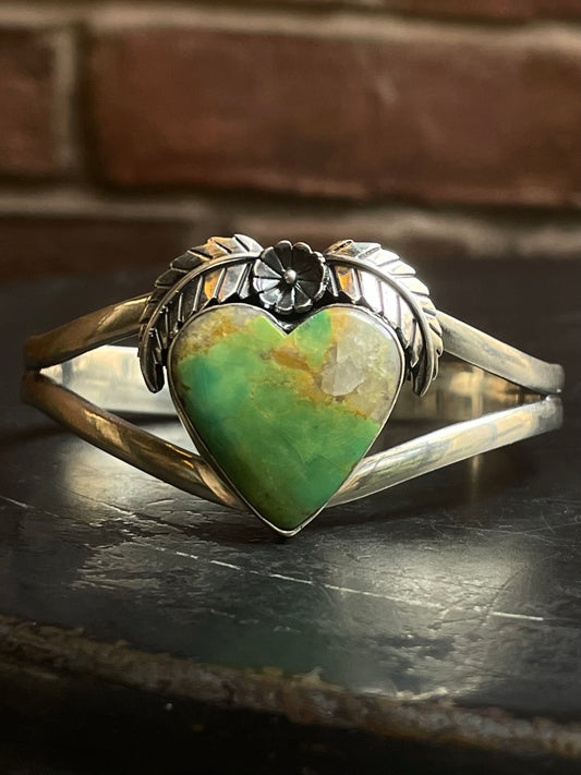 Green Turquoise Heart Cuff | Split Band | 925 Silver E679