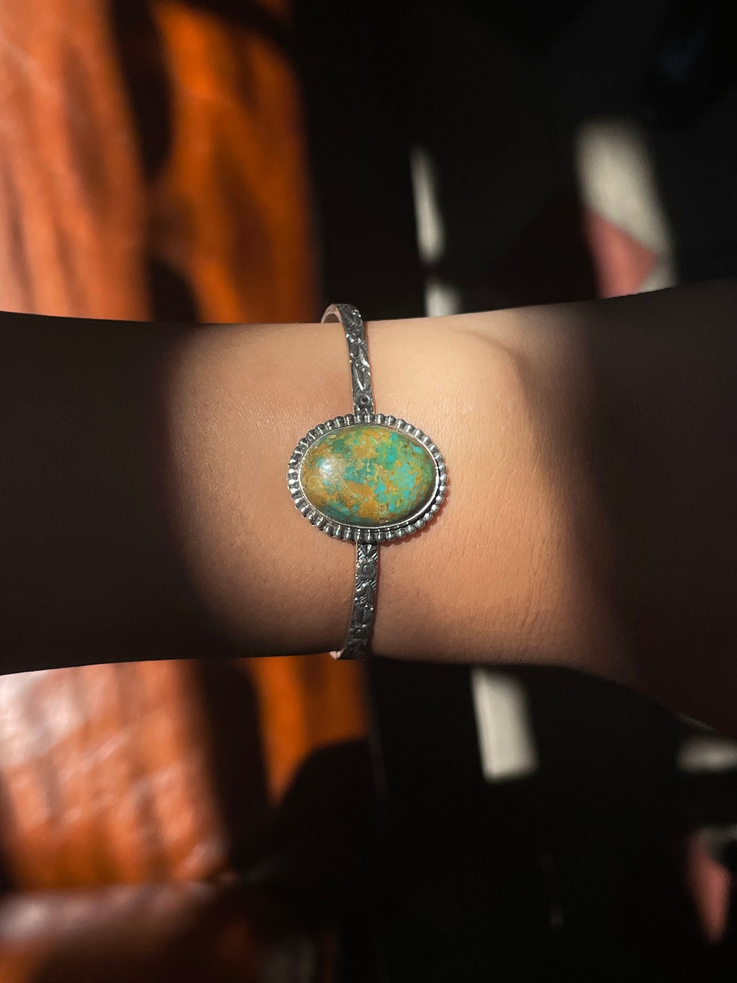 Kingman Turquoise Floral Stamped Cuff Bracelet | Sterling Silver G428