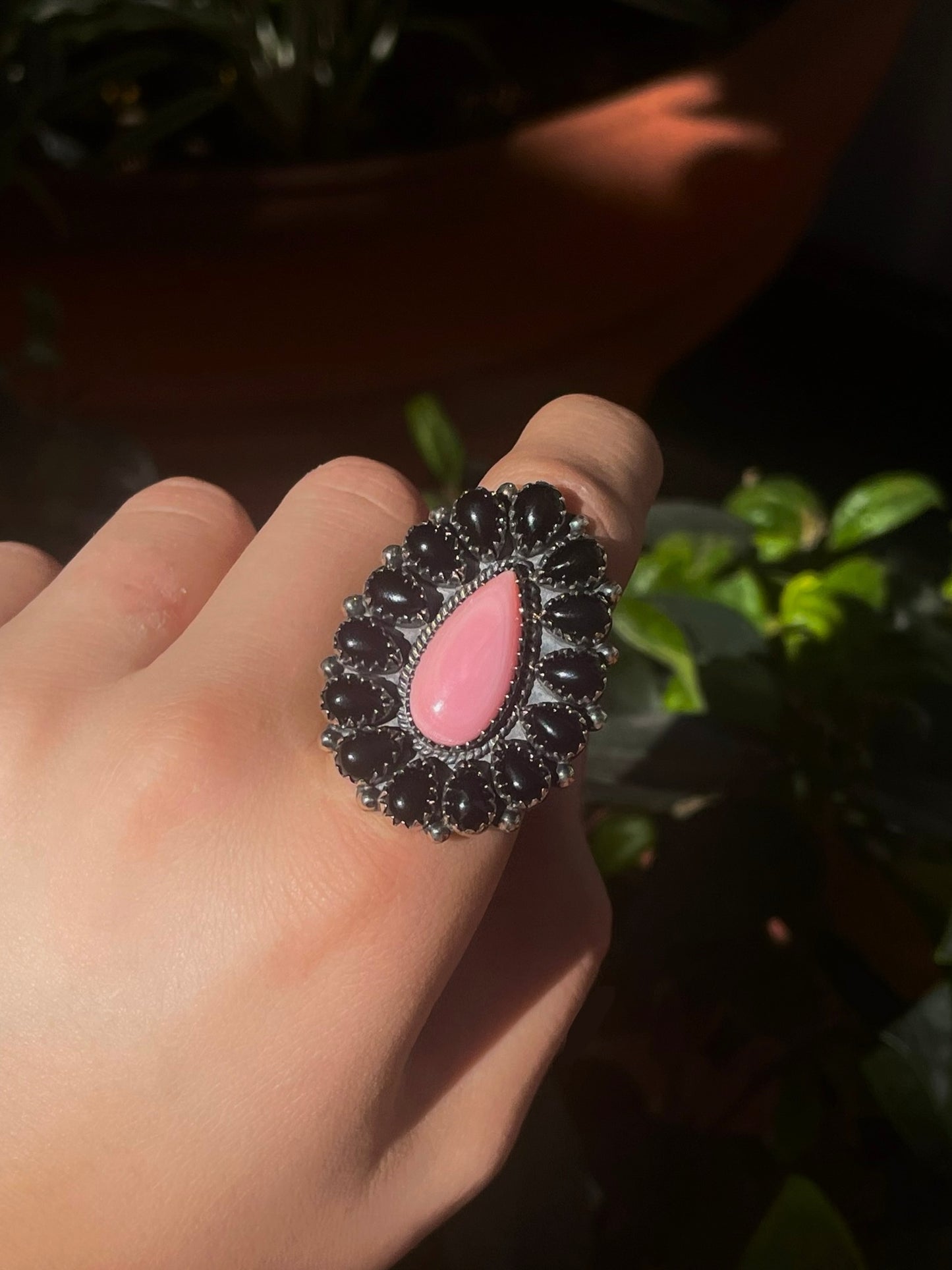 Pink Conch Black Onyx Ring | Sterling Silver | Size 9 C860