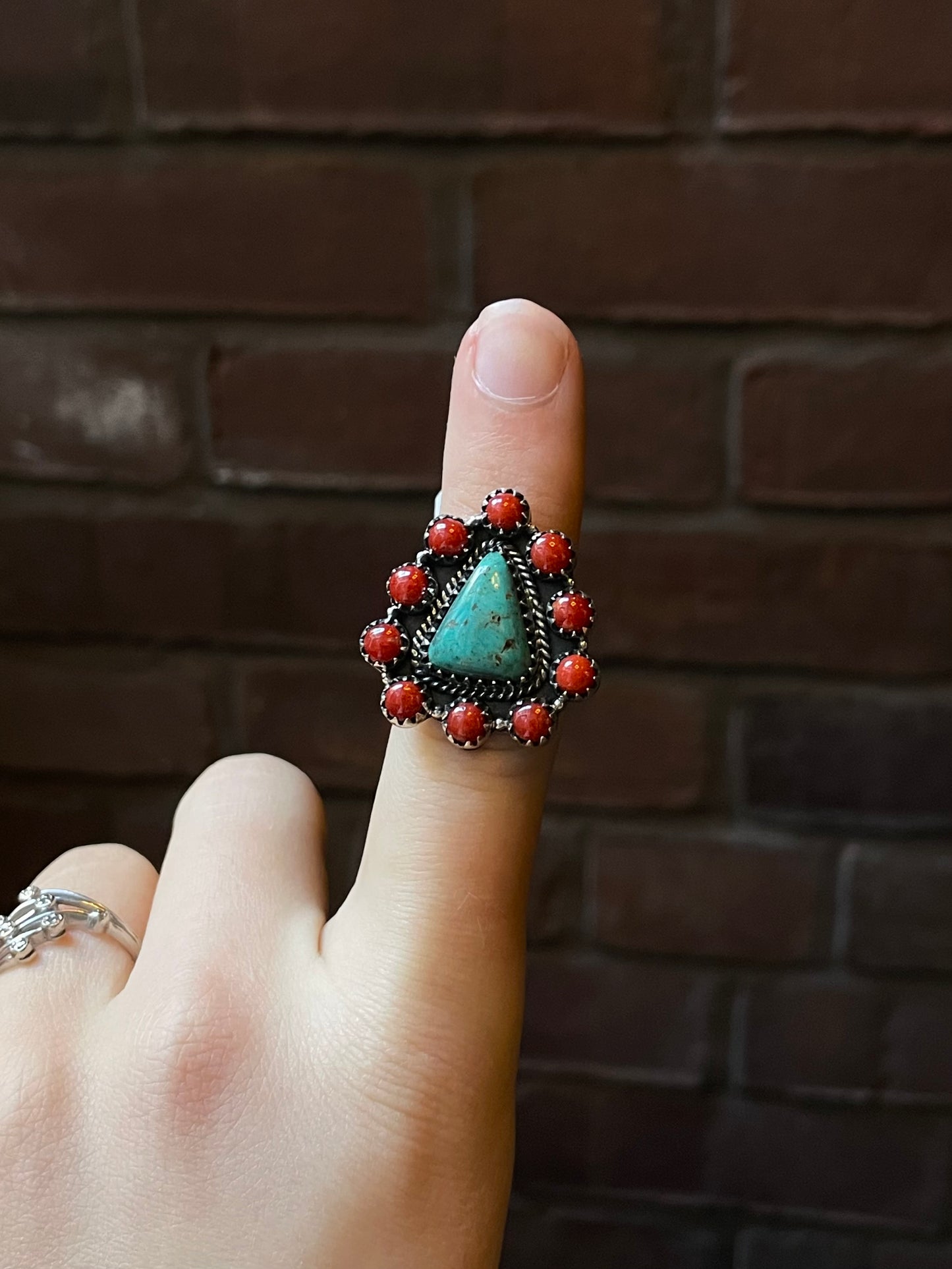 Kingman Turquoise Coral Cluster Ring | Sterling Silver | Size 7 | A189