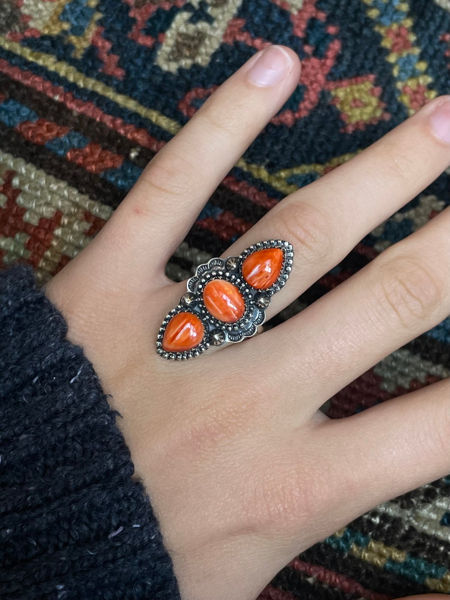 Spiny Oyster 3 Stone Ring Size 7 | 925 Sterling Silver C566