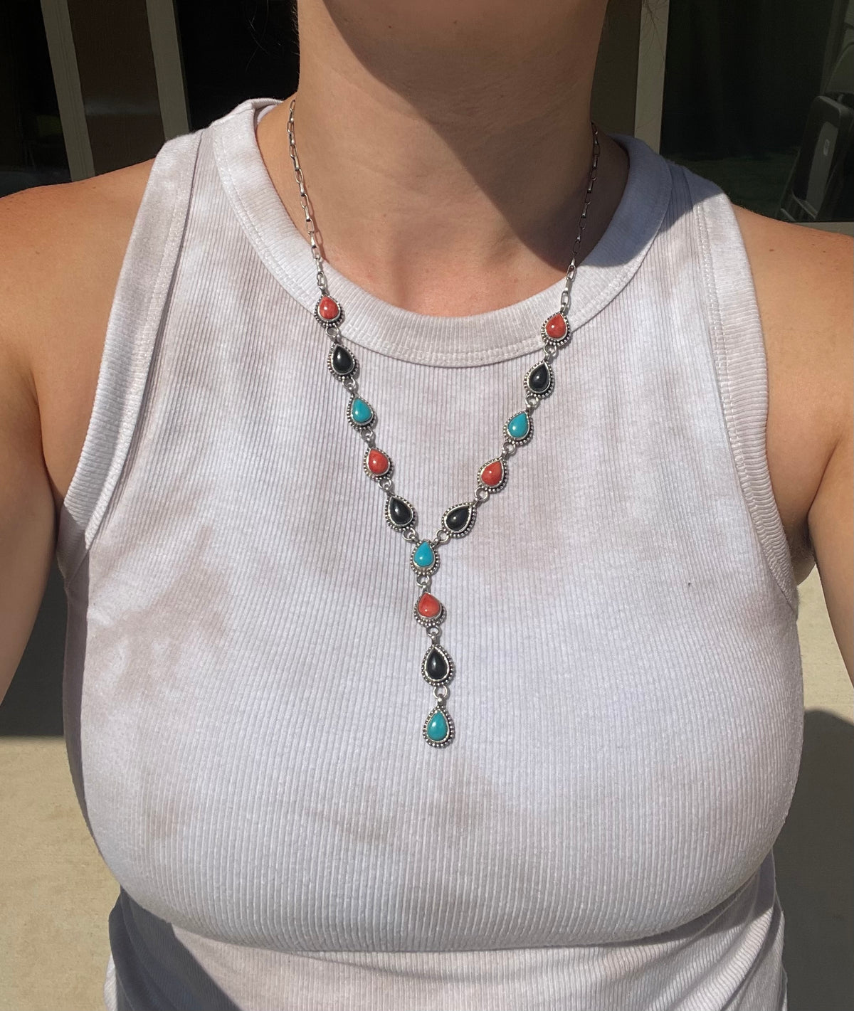 Turquoise Coral & Black Onyx Lariat Necklace | 925 Sterling Silver D237