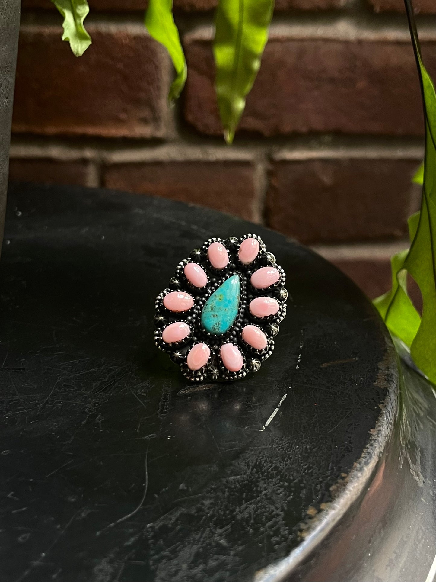 Pink Conch Turquoise Flower Ring | Sterling Silver Size 9 925 C739