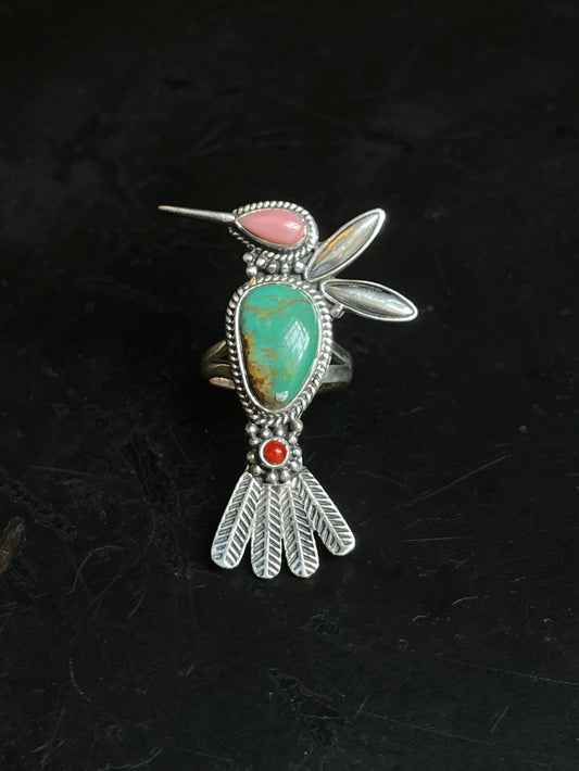 Kingman Turquoise, Pink Conch & Coral Hummingbird Ring Size 6 | 925 Sterling Silver E776