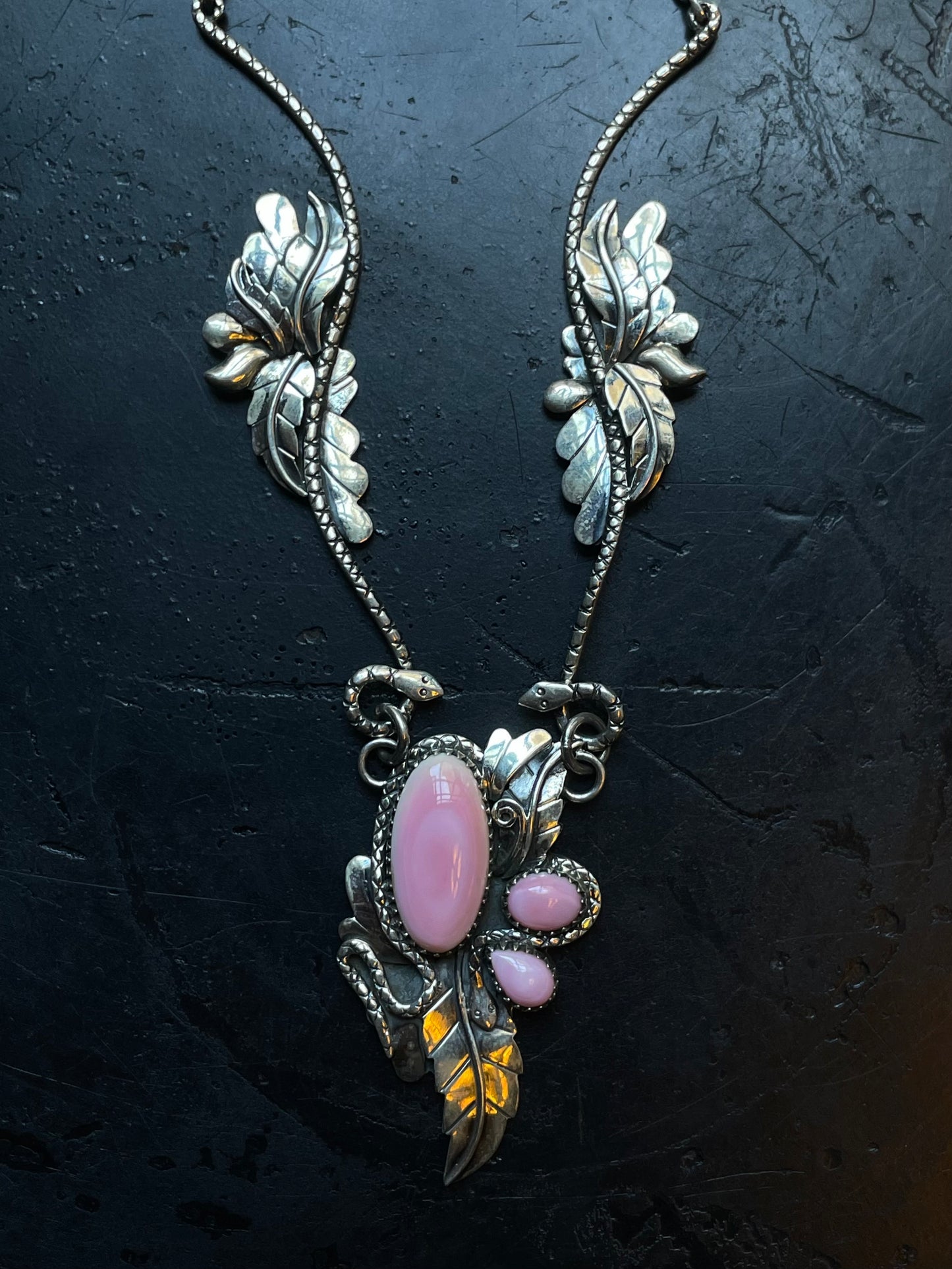 Pink Conch Snake & Feather Necklace | 925 Sterling Silver E357