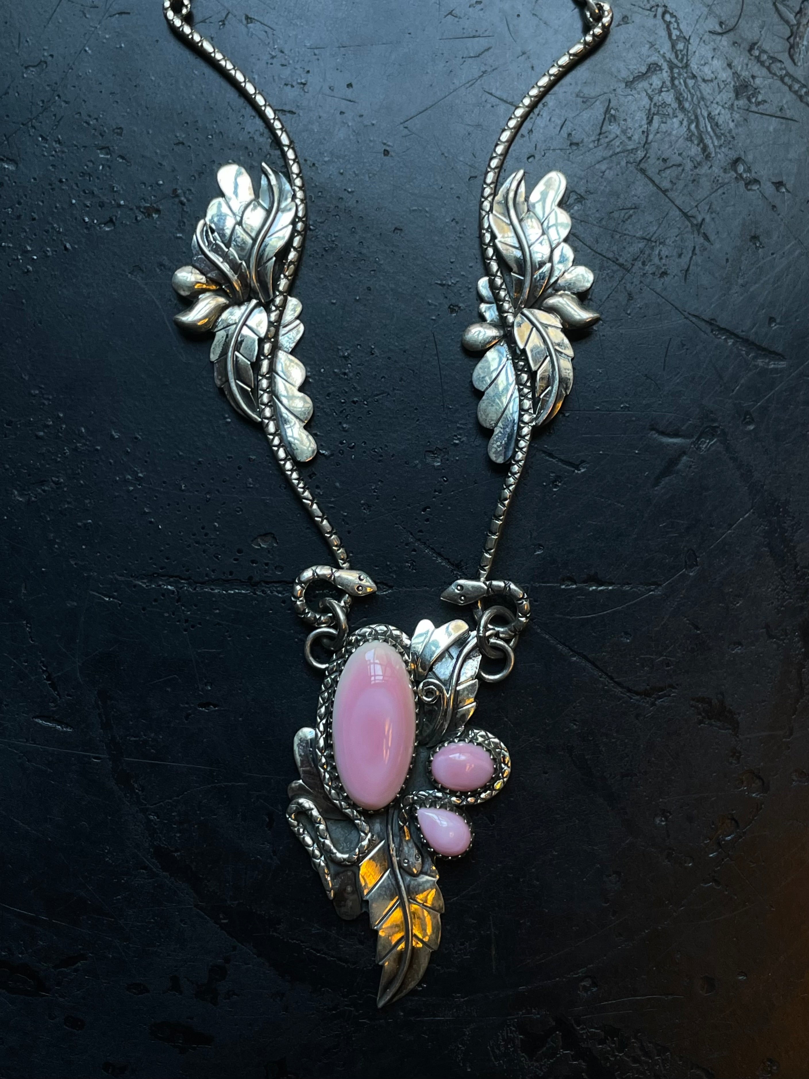 Pink Conch Snake & Feather Necklace | 925 Sterling Silver E357