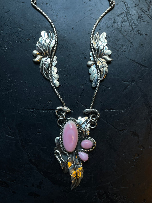 Pink Conch Snake & Feather Necklace | 925 Sterling Silver E357