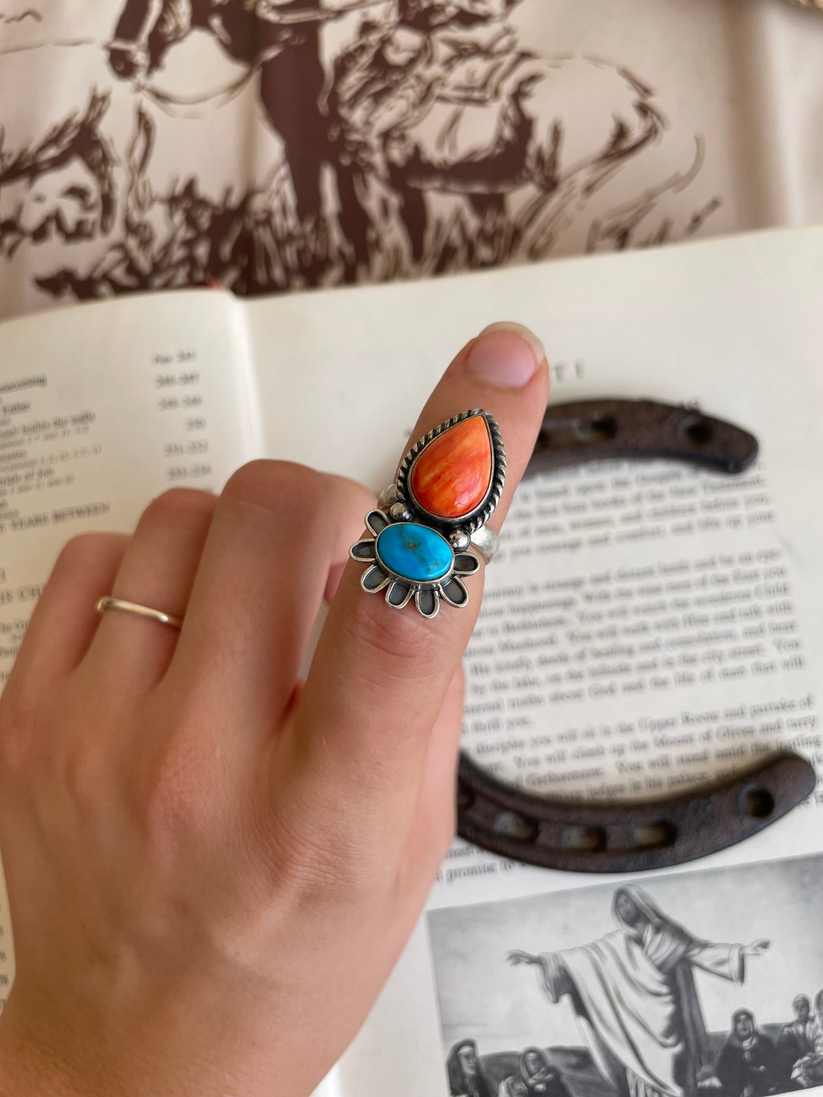 Spiny Oyster & Turquoise Floral Ring | 925 Sterling Silver Size 5.75 G819