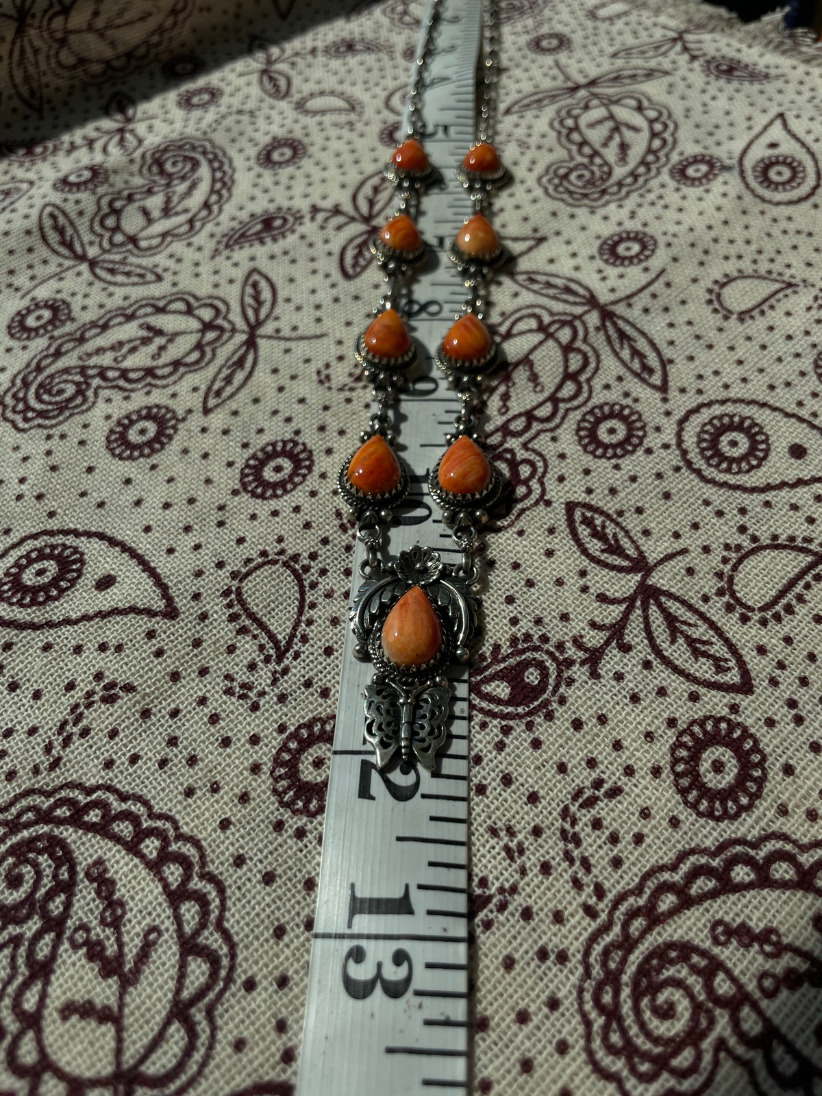 Orange Spiny Oyster Lariat Necklace | Floral Drop with Butterfly | 925 Sterling Silver E595