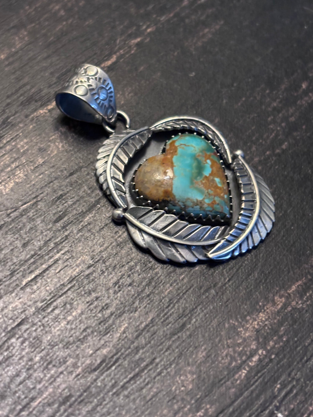 Kingman Turquoise Heart Feather Pendant | Sterling Silver Southwestern Style A085