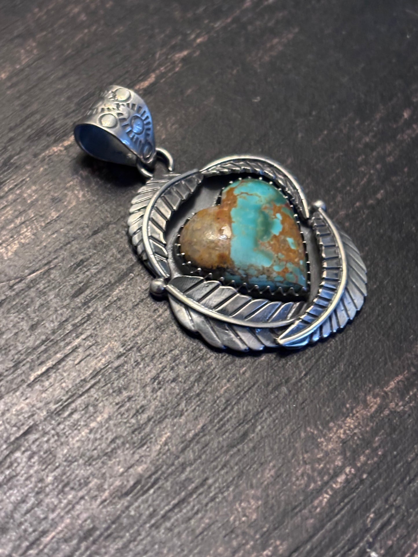 Kingman Turquoise Heart Feather Pendant | Sterling Silver Southwestern Style A085
