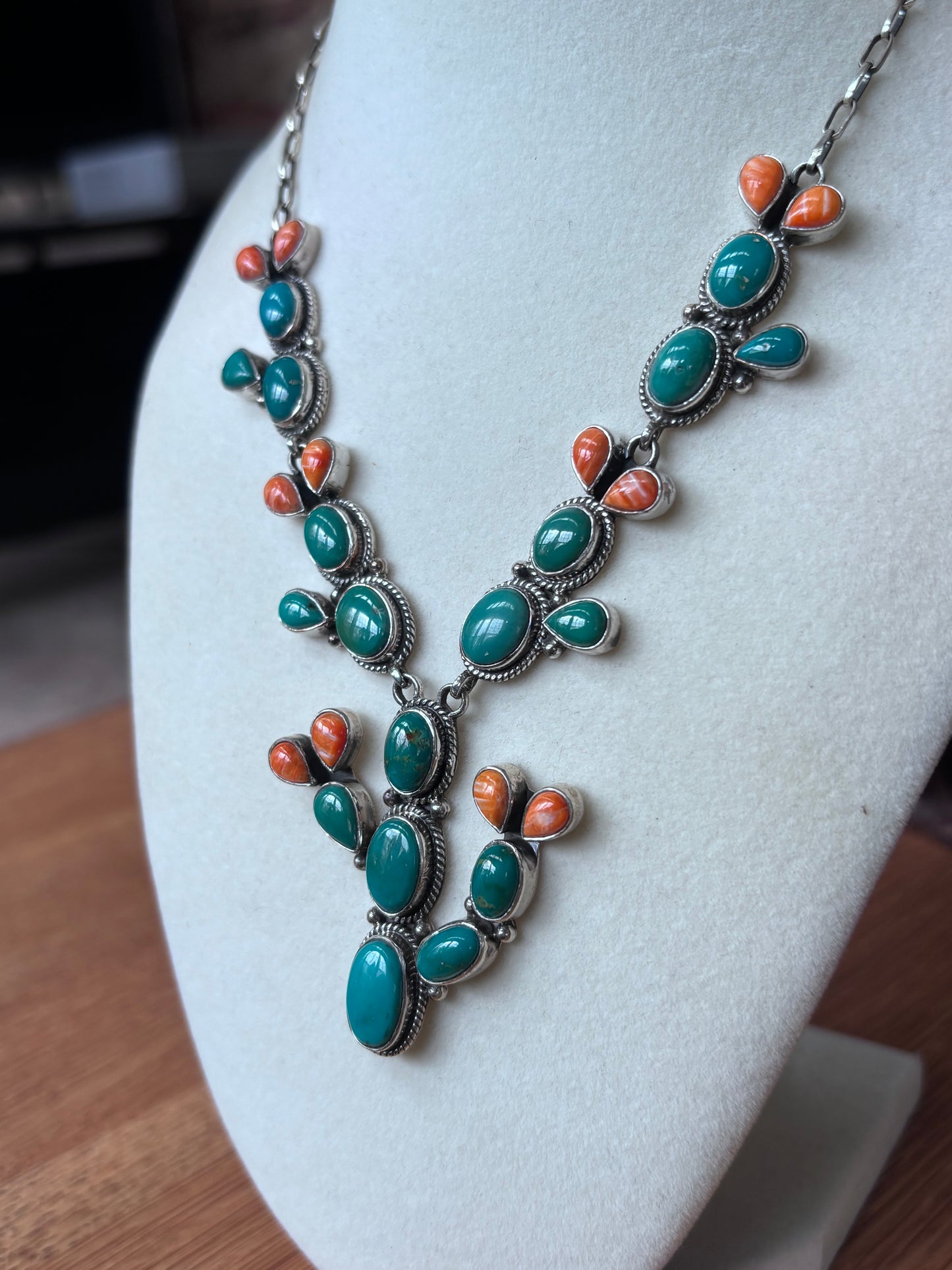 Turquoise Spiny Oyster Prickly Pear Necklace | 925 Sterling Silver A107
