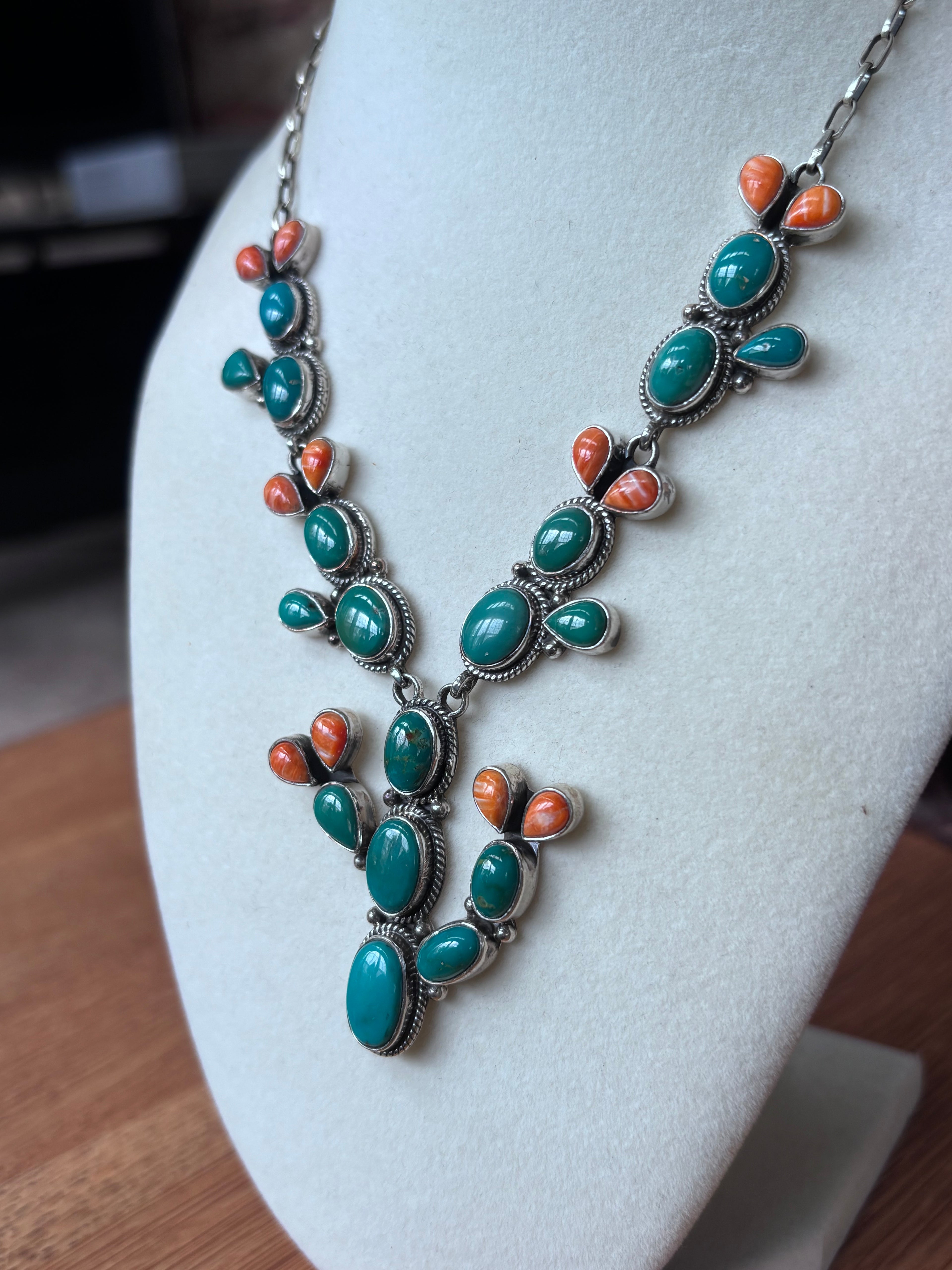 Turquoise Spiny Oyster Prickly Pear Necklace | 925 Sterling Silver A107