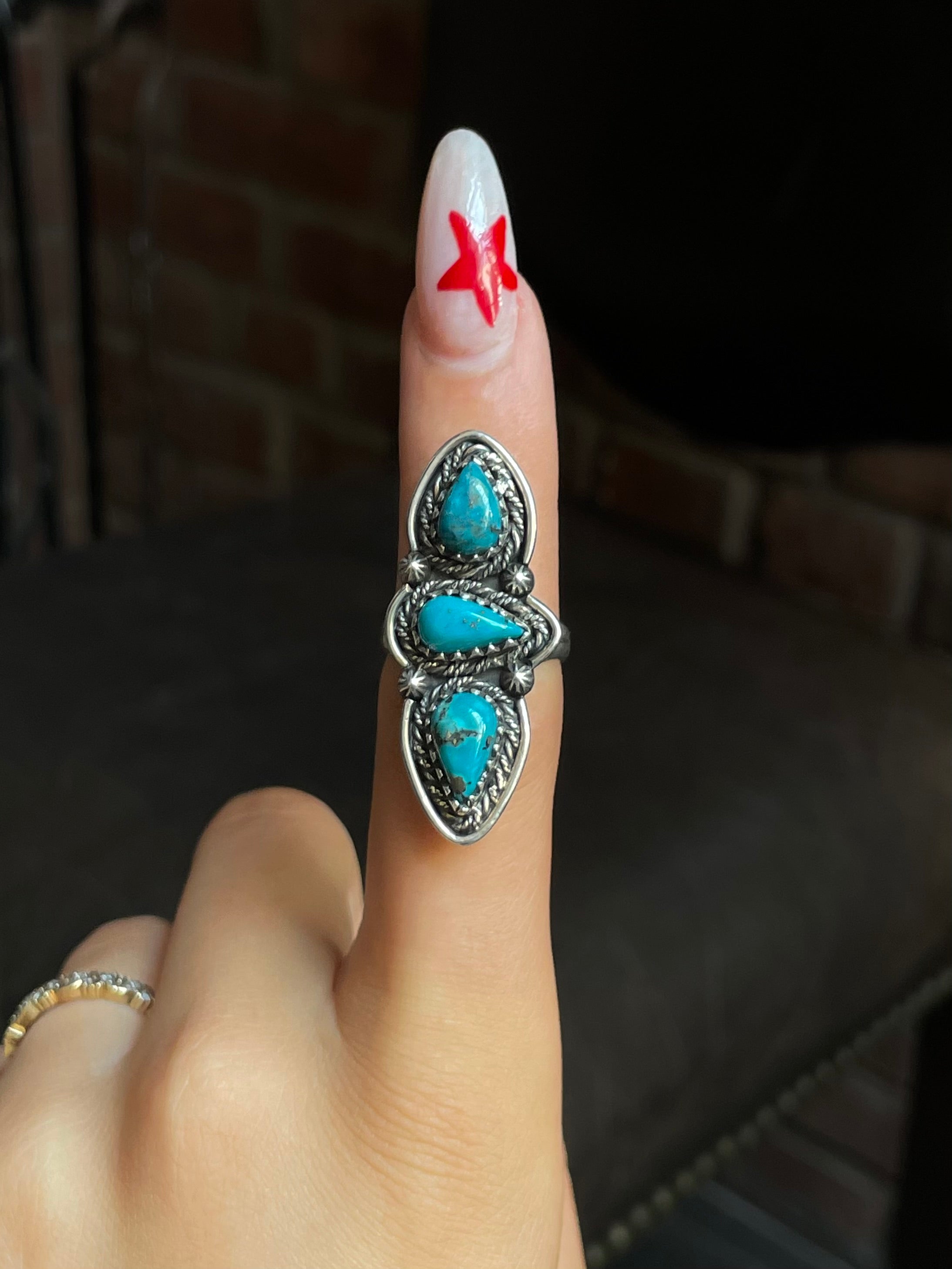 Kingman Turquoise Triple Stone Ring Size 7 | 925 Sterling Silver G590