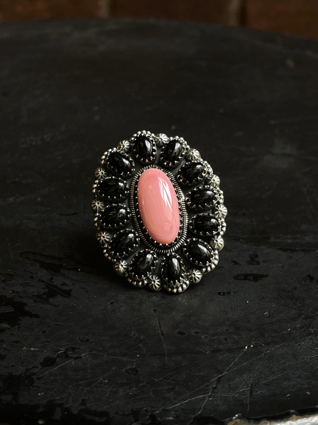 Pink Conch Black Onyx Cluster Ring Size 7 | 925 Sterling Silver E195
