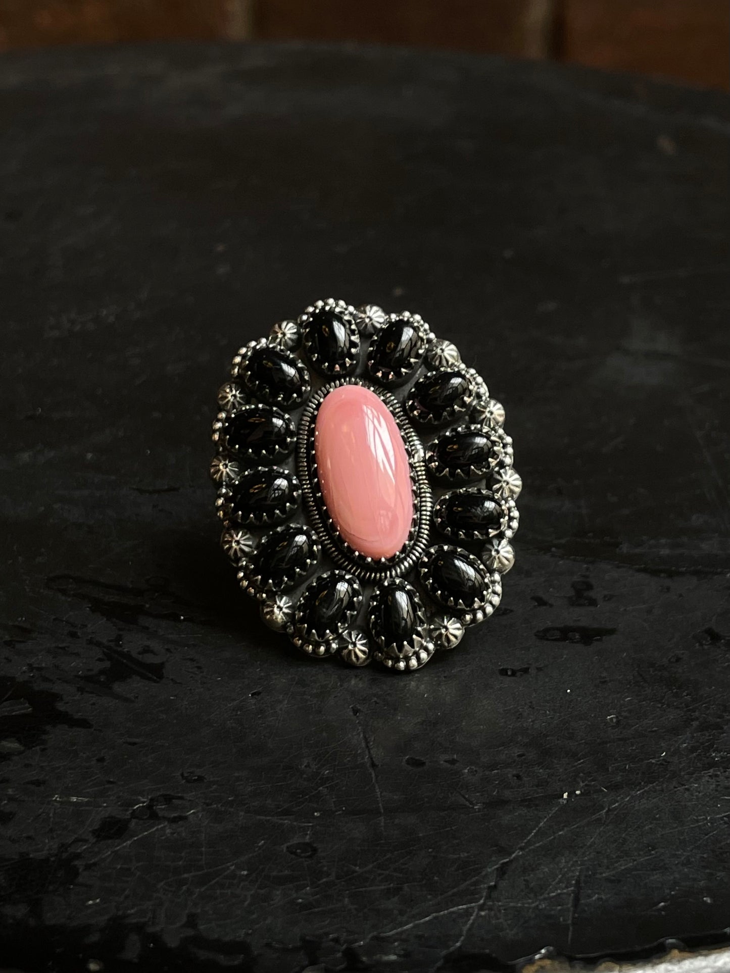 Pink Conch Black Onyx Cluster Ring Size 7 | 925 Sterling Silver E195