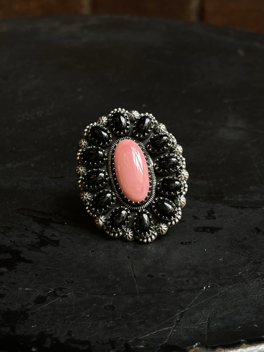 Pink Conch Black Onyx Cluster Ring Size 7 | 925 Sterling Silver E195