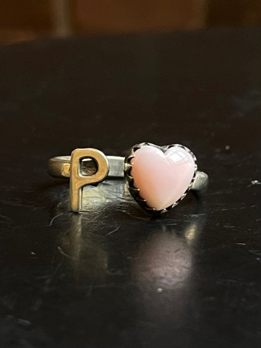 Pink Conch Letter P & Heart Ring Size 8 | Sterling Silver E916