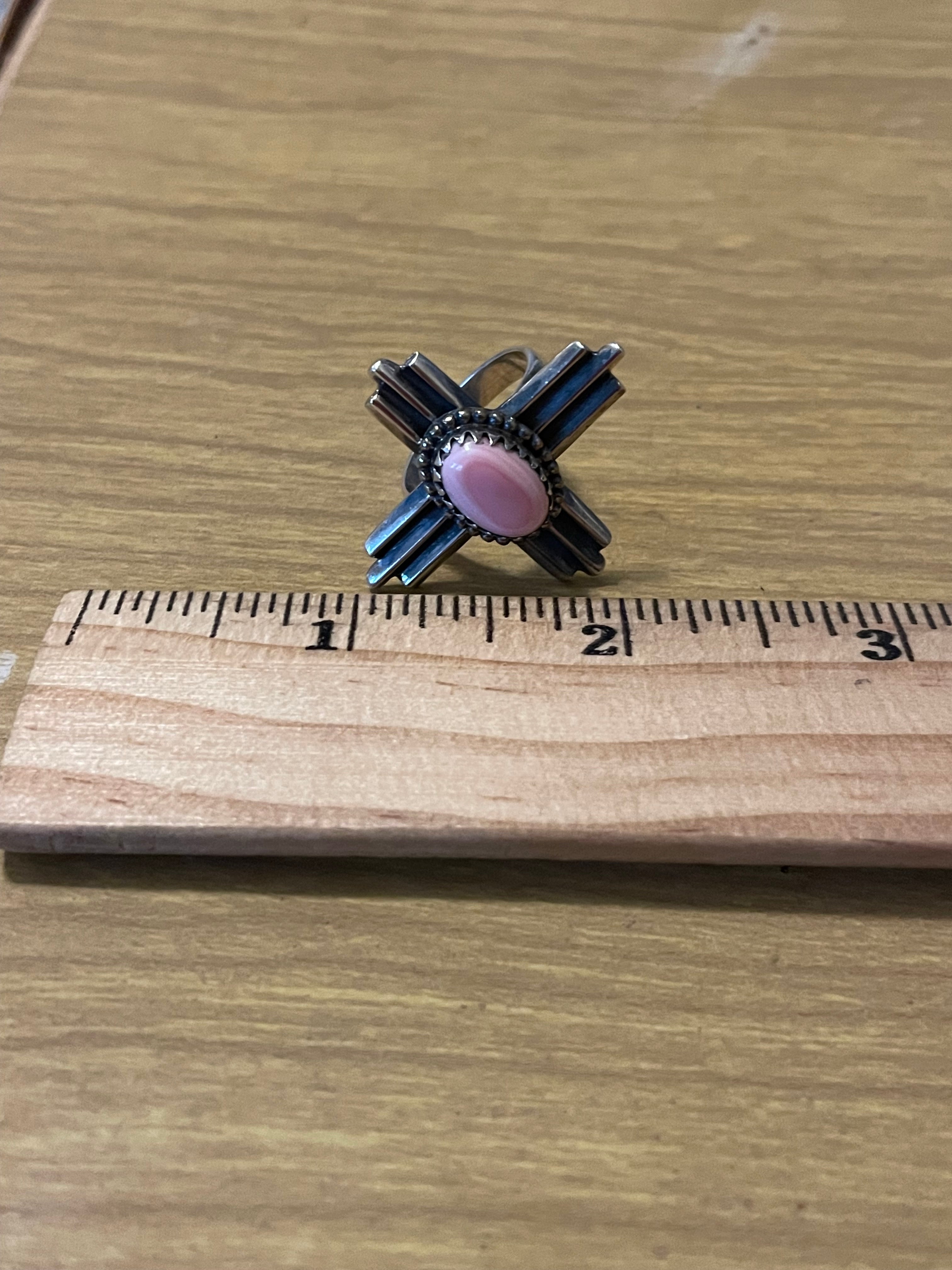 Pink Conch Zia Cross Ring Size 8 | 925 Sterling Silver E995