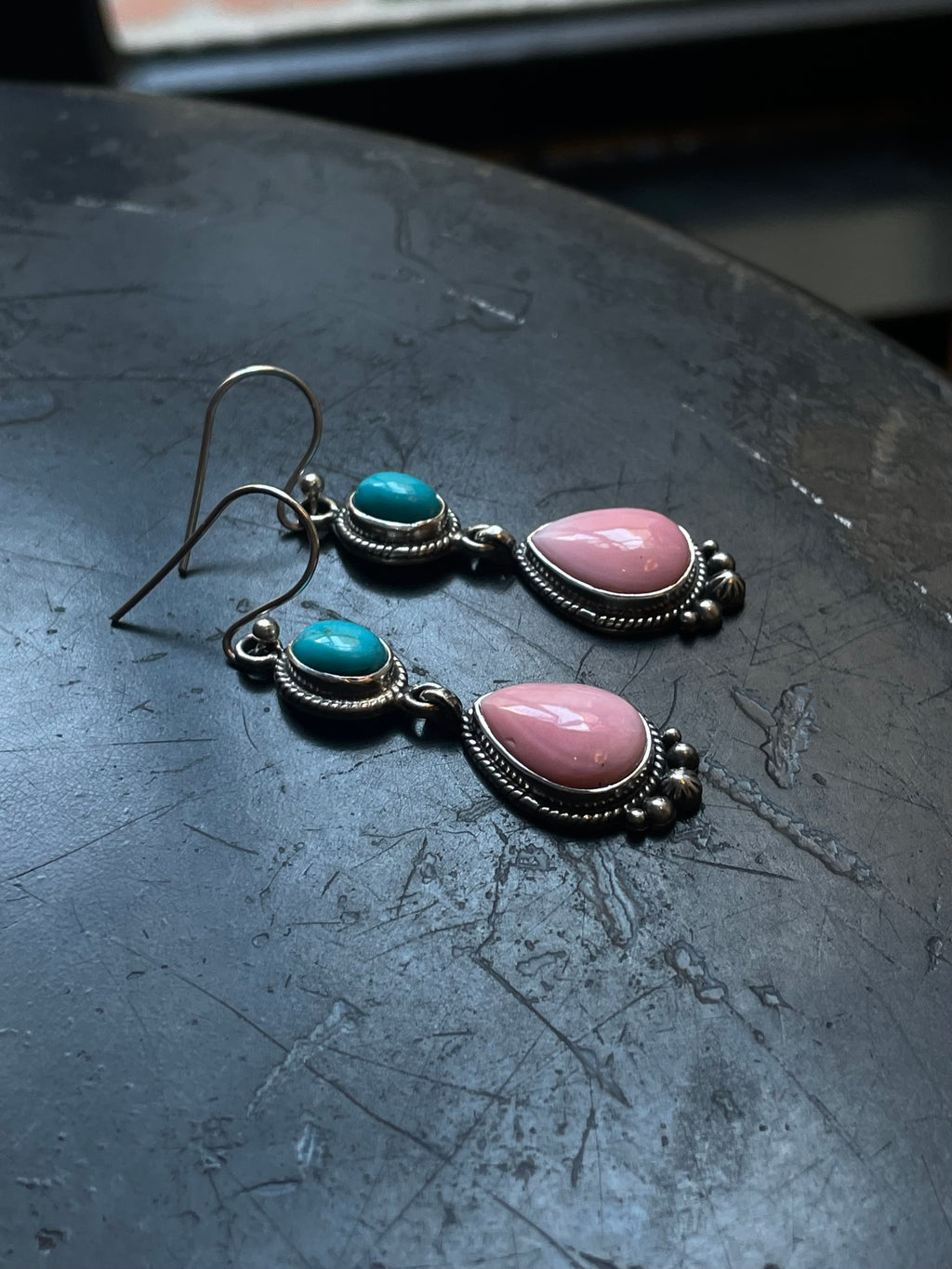 Pink Conch Kingman Turquoise Earrings | Teardrop Drop Hook E667