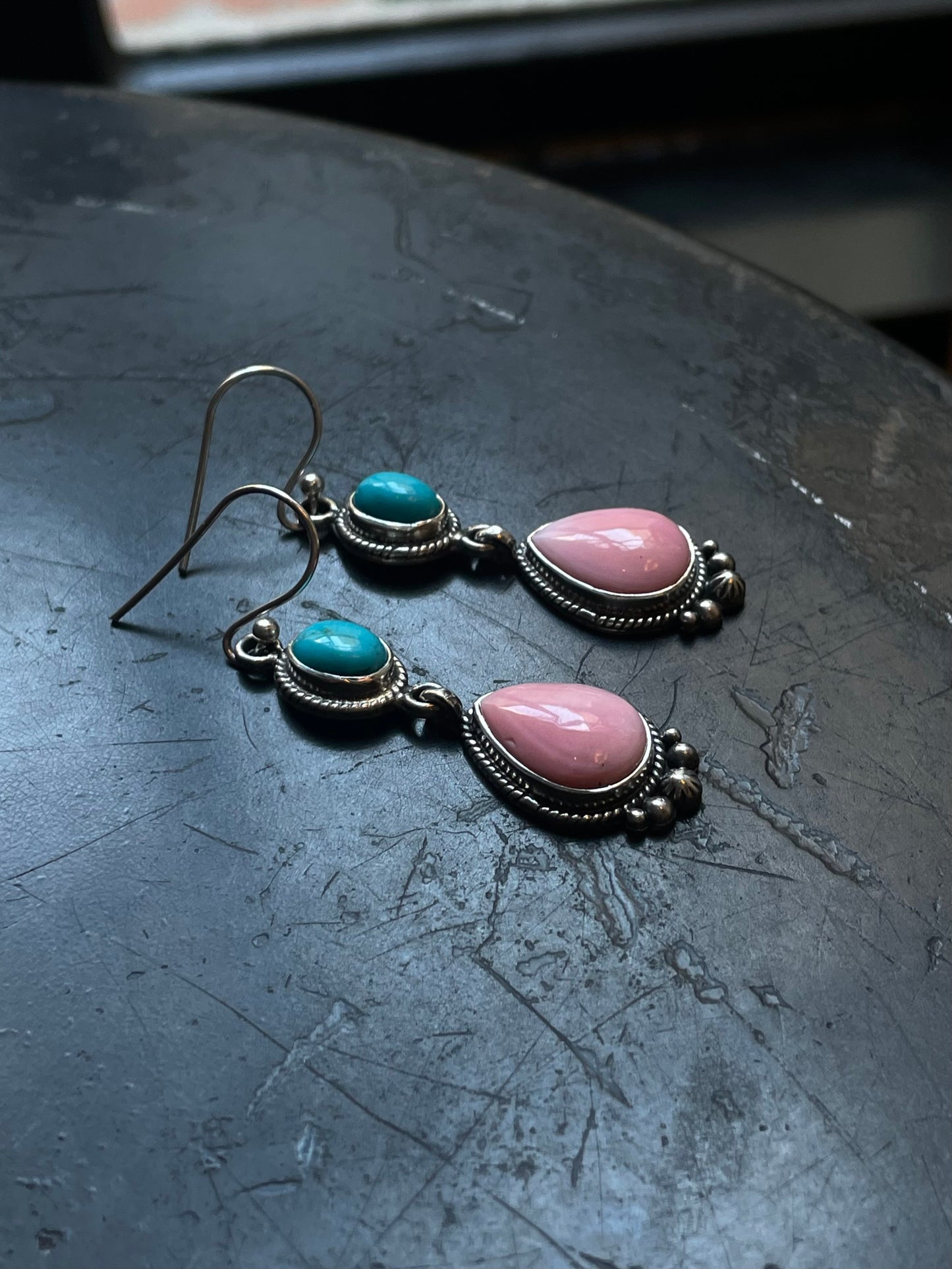 Pink Conch Kingman Turquoise Earrings | Teardrop Drop Hook E667