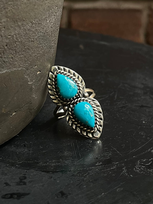 Kingman Turquoise Double Stone Ring Size 8.5 | 925 Sterling Silver Southwest E206